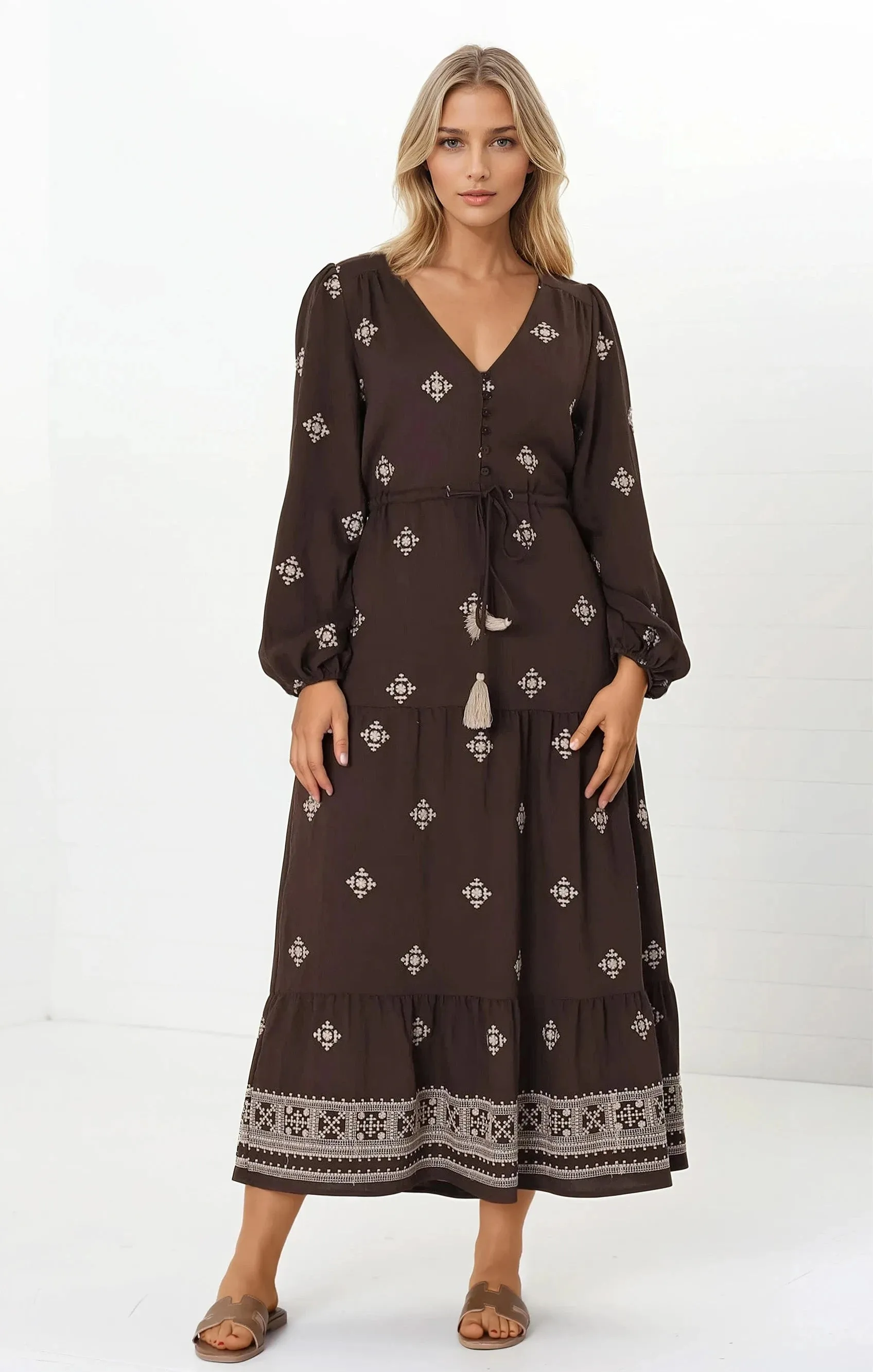 Rylie Maxi Dress - Embroidered Long Sleeve Dress with Pull Tie Waist in Vesper Print Brown sold by Salty Crush product image thumbnail 2
