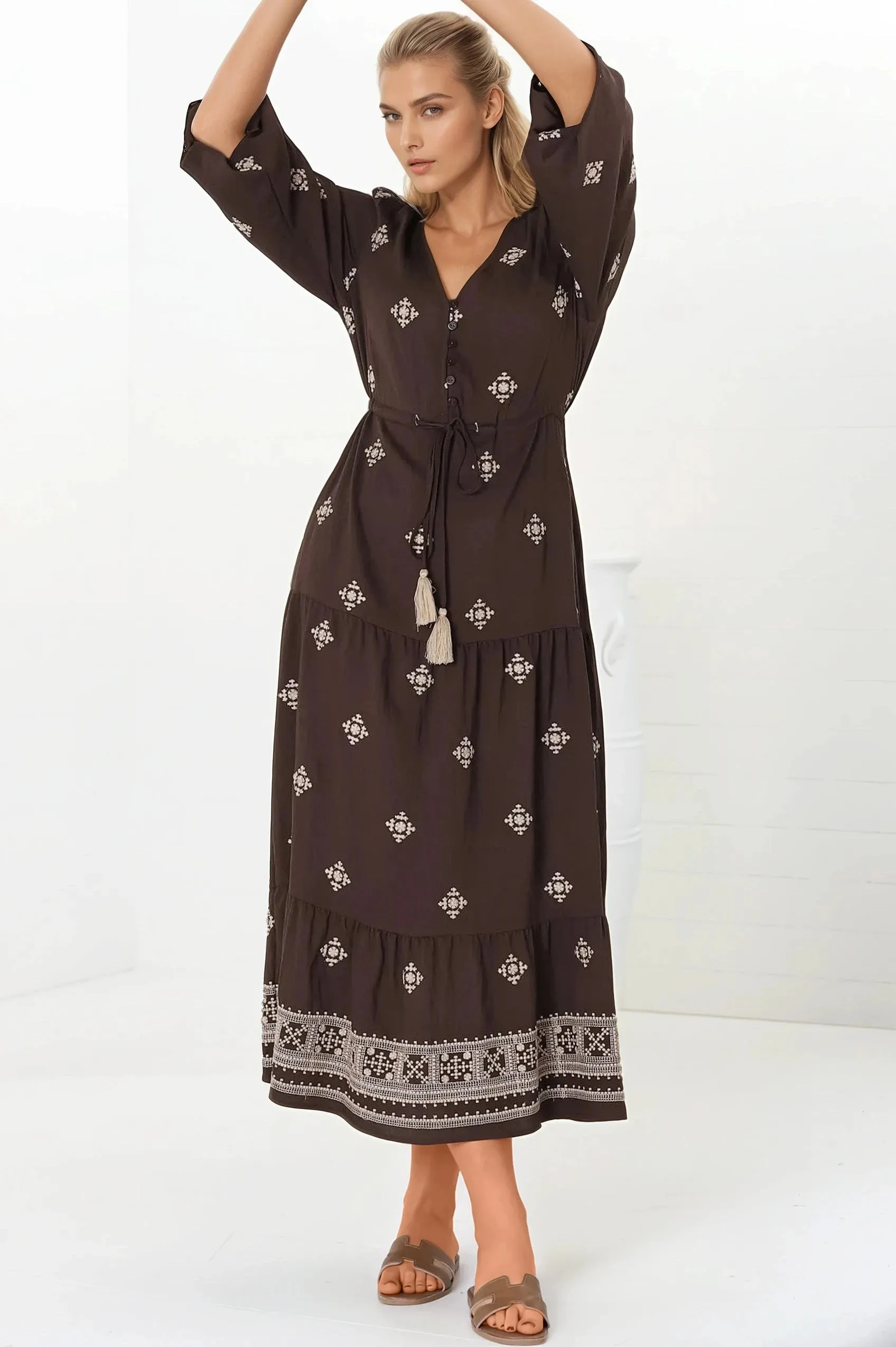 Rylie Maxi Dress - Embroidered Long Sleeve Dress with Pull Tie Waist in Vesper Print Brown sold by Salty Crush product image thumbnail 5
