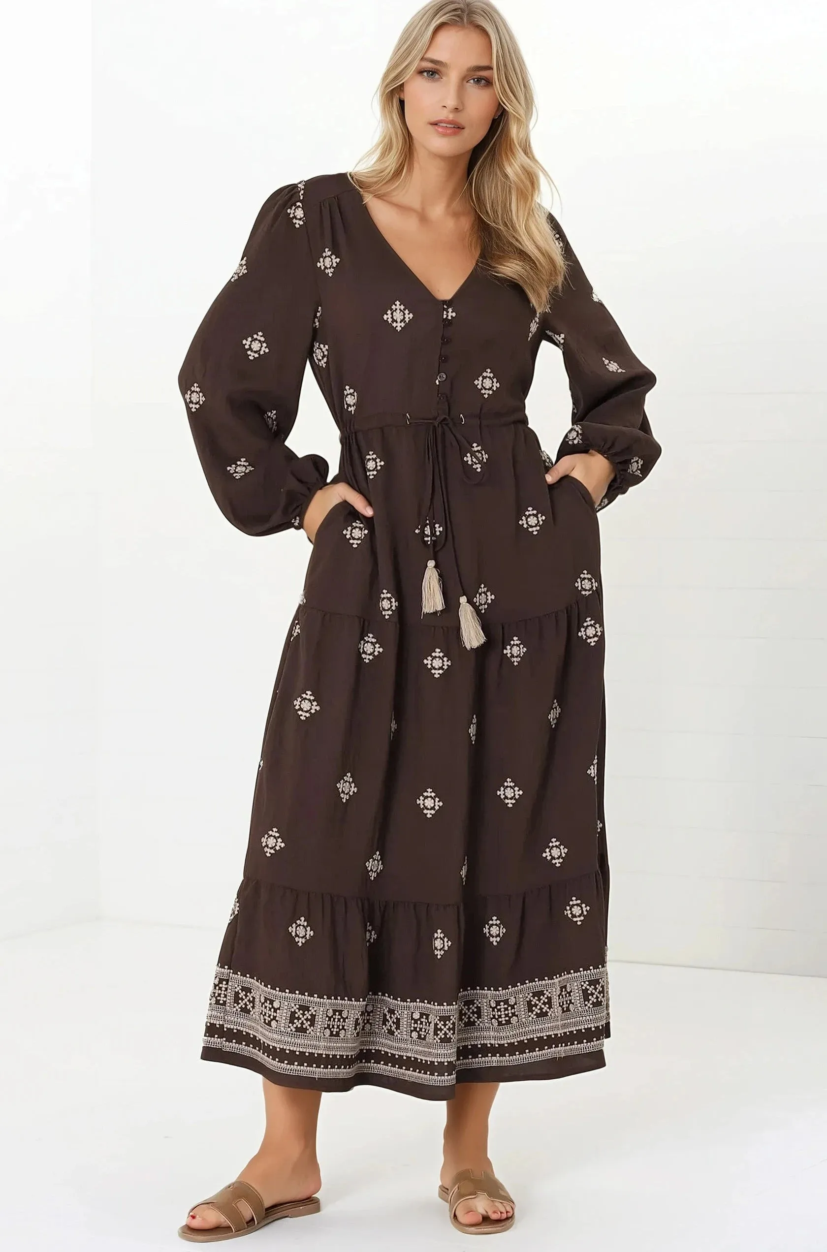 Rylie Maxi Dress - Embroidered Long Sleeve Dress with Pull Tie Waist in Vesper Print Brown sold by Salty Crush