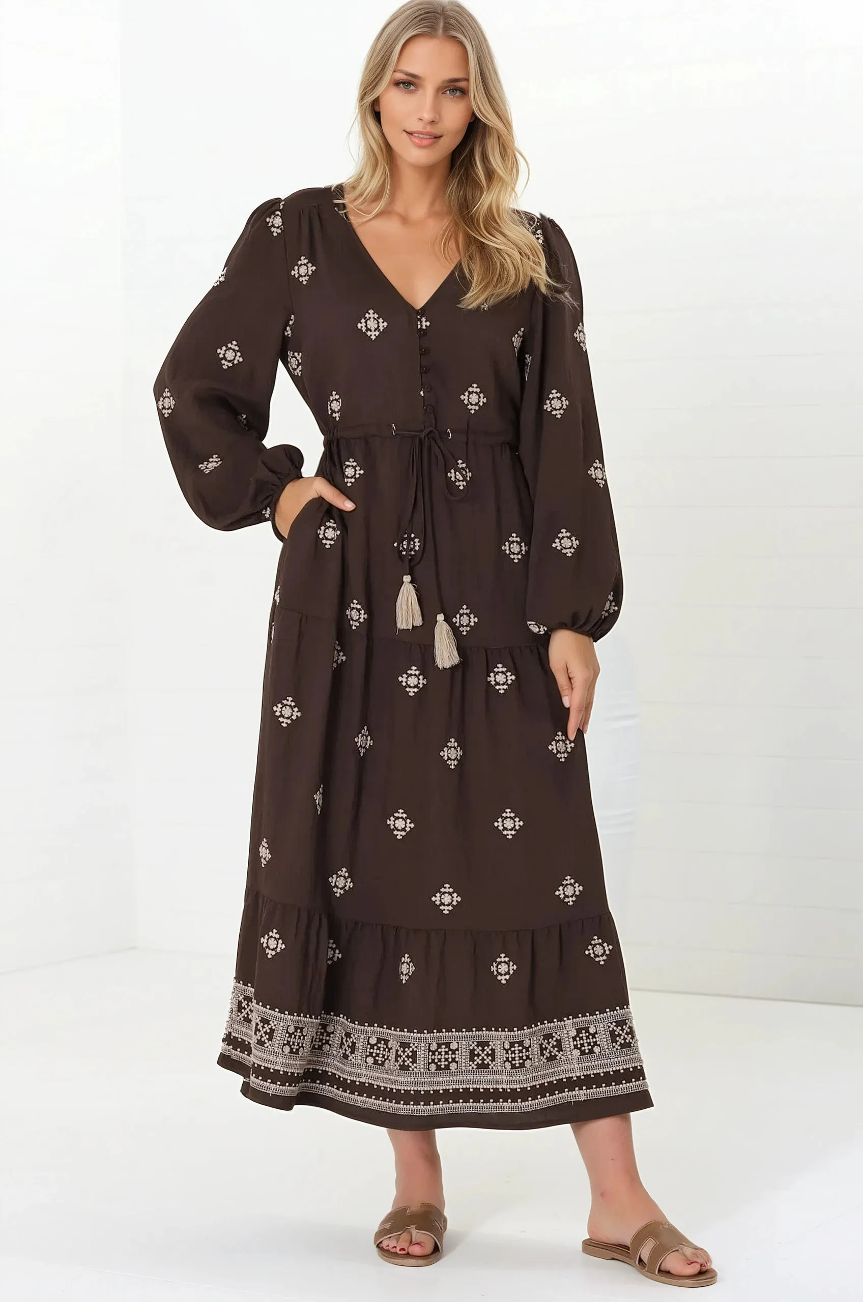 Rylie Maxi Dress - Embroidered Long Sleeve Dress with Pull Tie Waist in Vesper Print Brown sold by Salty Crush product image thumbnail 3