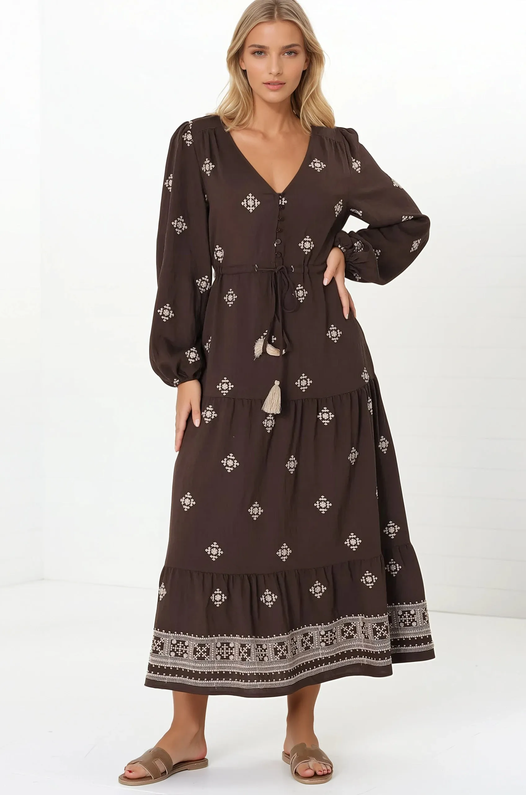 Rylie Maxi Dress - Embroidered Long Sleeve Dress with Pull Tie Waist in Vesper Print Brown sold by Salty Crush product image thumbnail 4