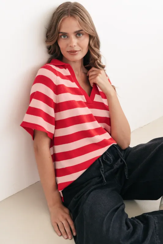 Hayes Stripe Knit Top - Relaxed Collared V Neck Knit Top in Pink/Red sold by Salty Crush