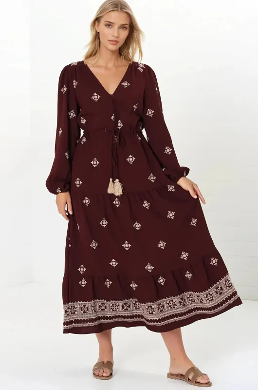 Rylie Maxi Dress - Embroidered Long Sleeve Dress with Pull Tie Waist in Vesper Print Wine sold by Salty Crush