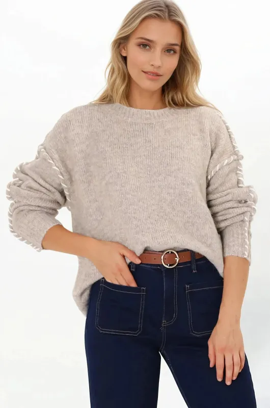 Ardie Jumper - Crew Neck Jumper with Contrast Stitching in Beige sold by Salty Crush