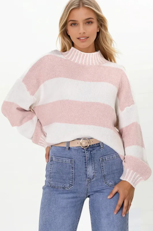 Janie Jumper - Mock Neck Striped Jumper with Contrast Stripe Hemlines in Blush sold by Salty Crush