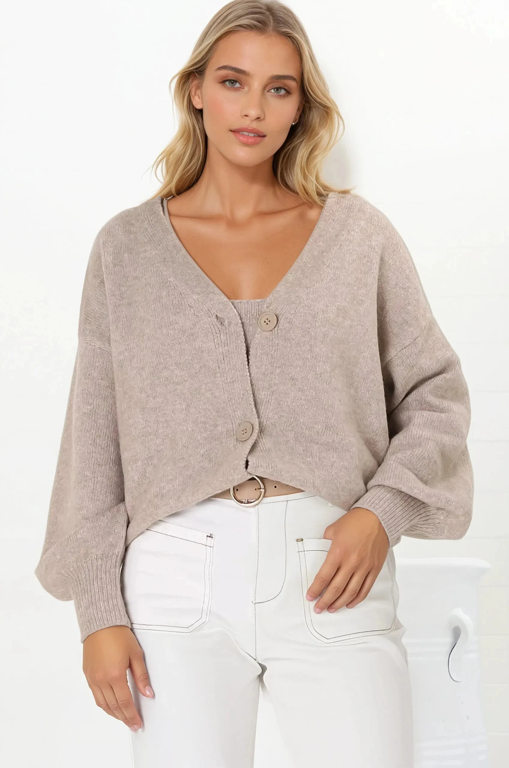 Indie Cardigan Set - Knit Top and Button Down Cardigan Set in Taupe sold by Salty Crush product image thumbnail 3
