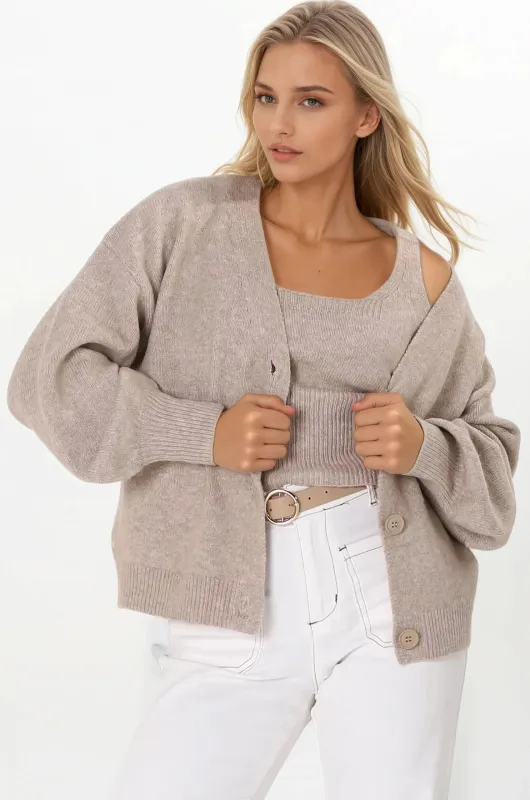 Indie Cardigan Set - Knit Top and Button Down Cardigan Set in Taupe sold by Salty Crush