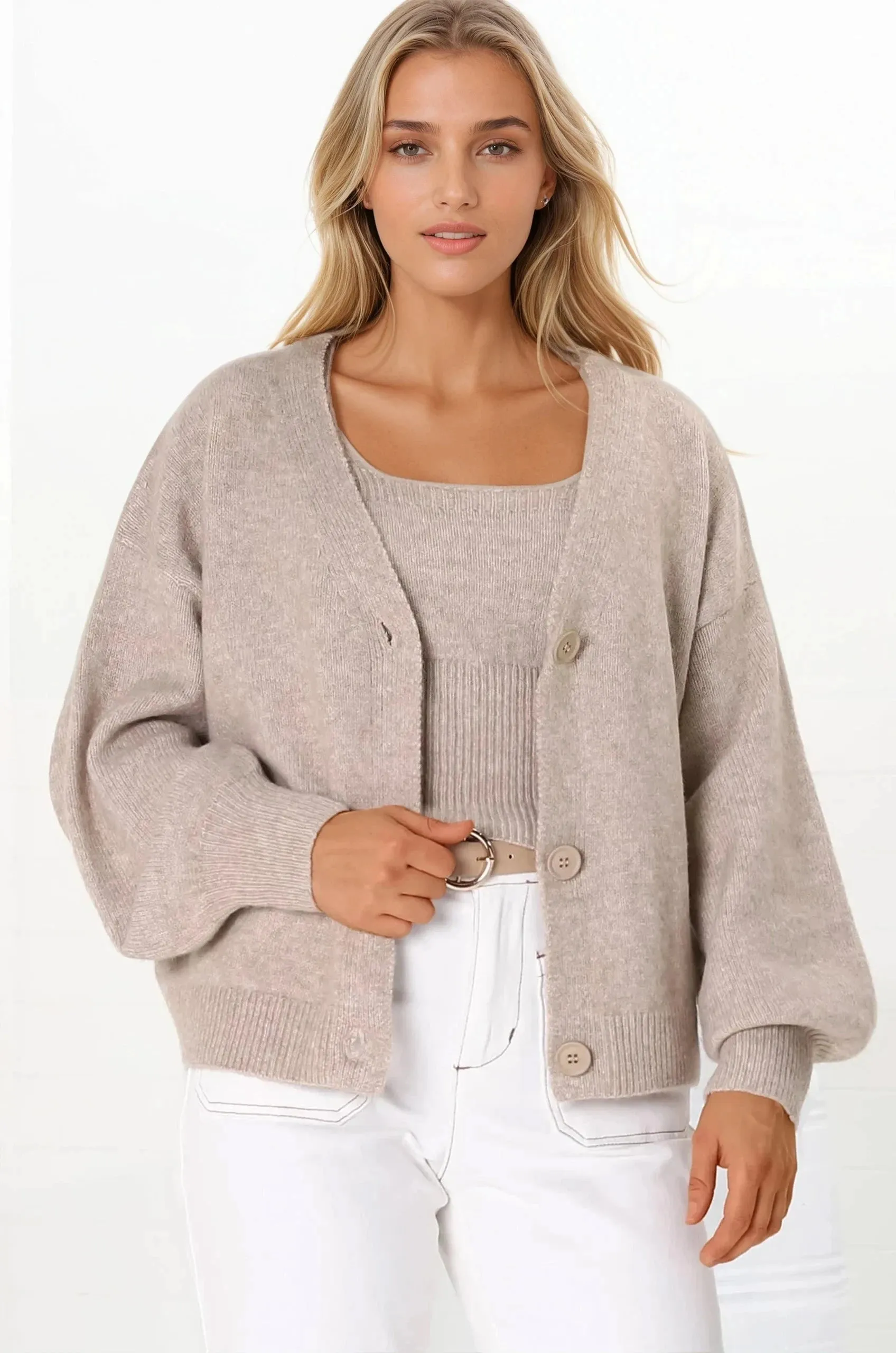 Indie Cardigan Set - Knit Top and Button Down Cardigan Set in Taupe sold by Salty Crush product image thumbnail 5
