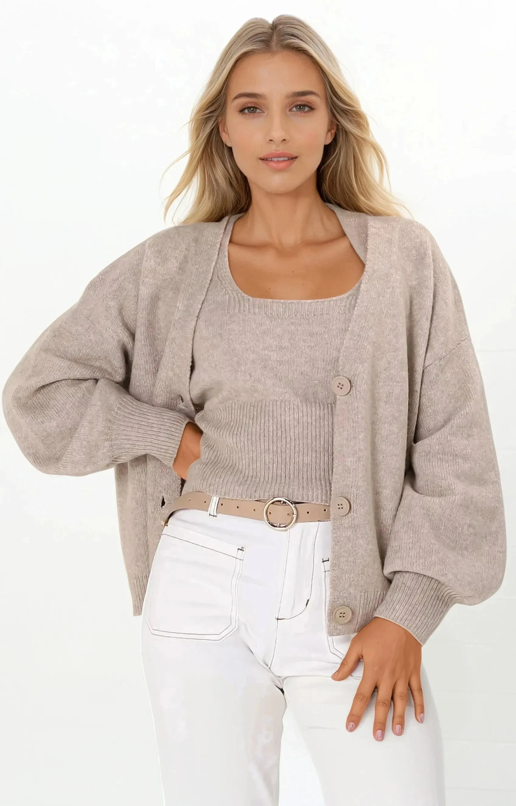 Indie Cardigan Set - Knit Top and Button Down Cardigan Set in Taupe sold by Salty Crush product image thumbnail 2