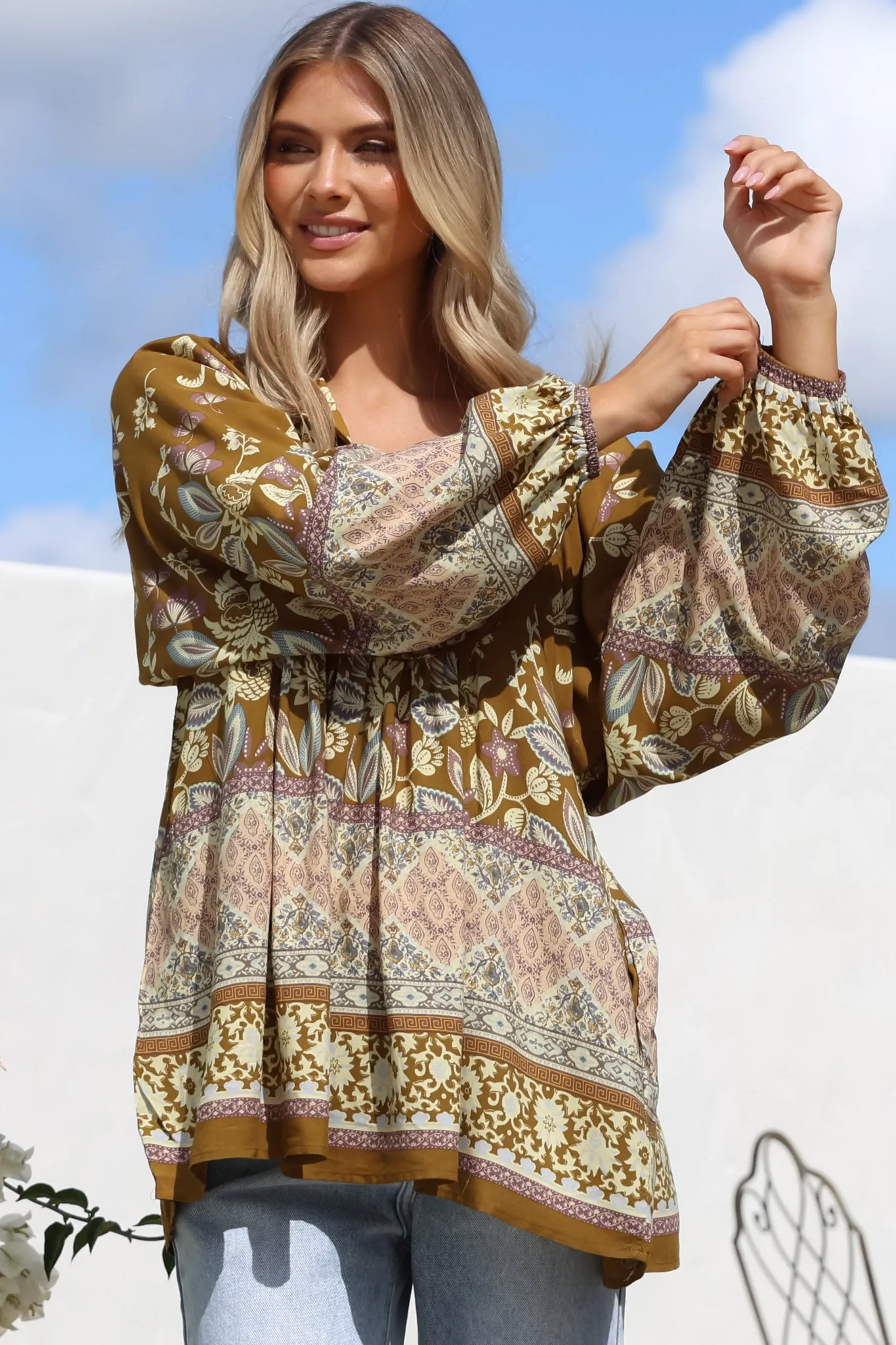 Boheme Blouse - Thick Collar Smock Blouse with Long Sleeves in Emre Print sold by Salty Crush product image thumbnail 5