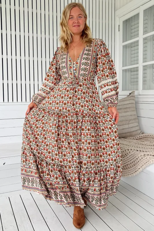 Teresa Lace Maxi Dress - A Line Dress with Long Balloon Sleeves in Harlowe Print sold by Salty Crush