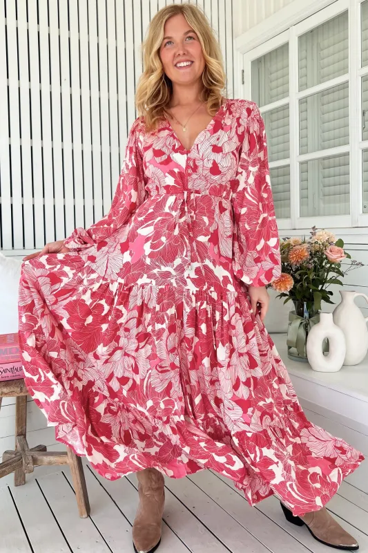 Teresa Maxi Dress - A Line Dress with Long Balloon Sleeves in Soulina Print sold by Salty Crush