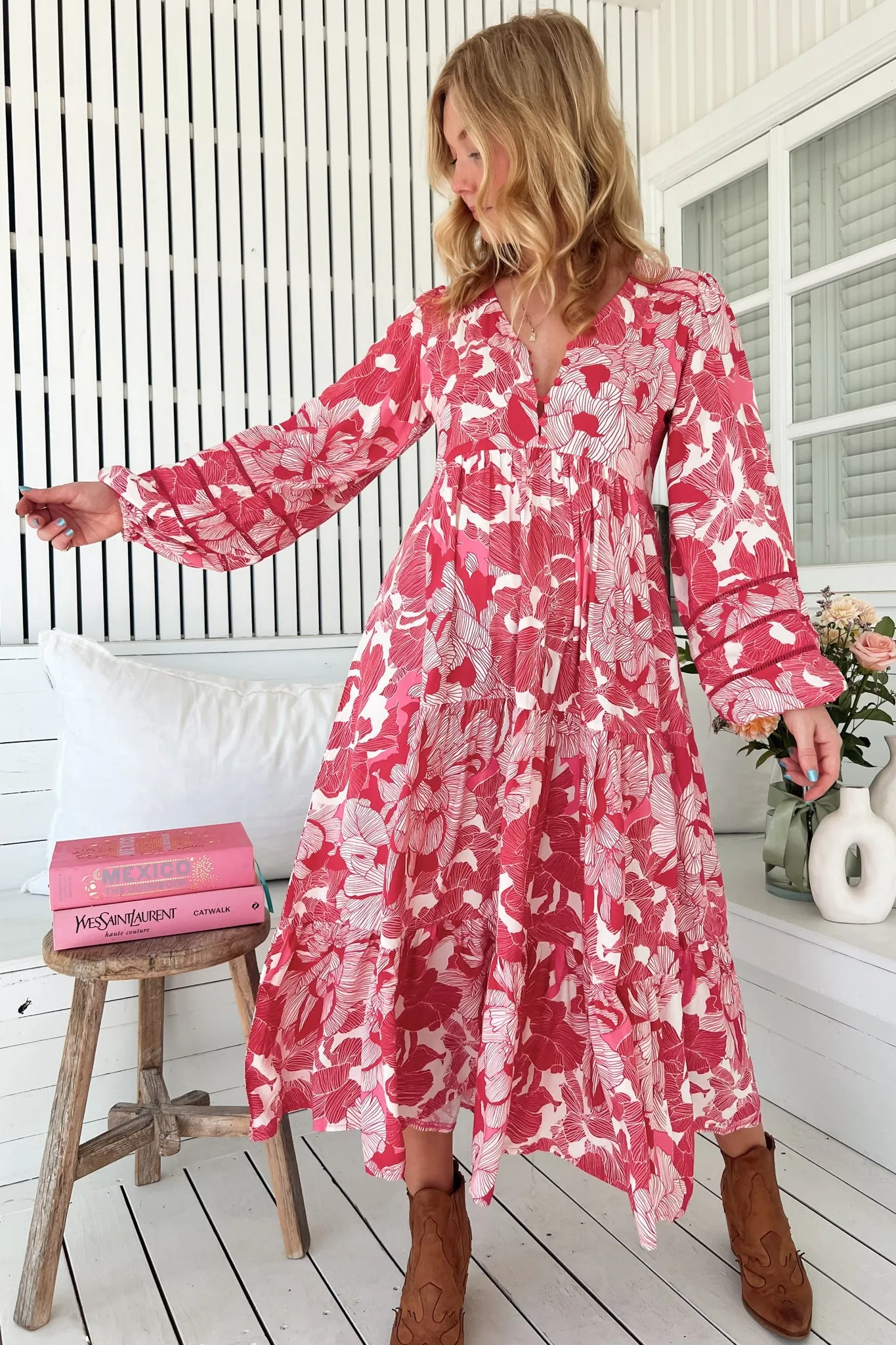 Eve Midi Dress - V Neck Long Sleeve Tiered Dress with Option Waist Tie in Soulina Print sold by Salty Crush product image thumbnail 3