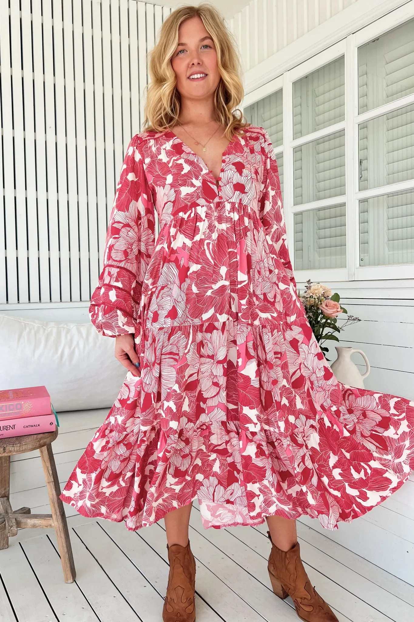 Eve Midi Dress - V Neck Long Sleeve Tiered Dress with Option Waist Tie in Soulina Print sold by Salty Crush product image thumbnail 4