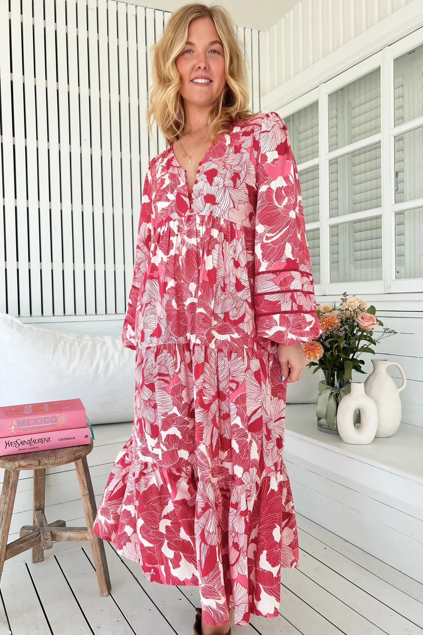 Eve Midi Dress - V Neck Long Sleeve Tiered Dress with Option Waist Tie in Soulina Print sold by Salty Crush product image thumbnail 2