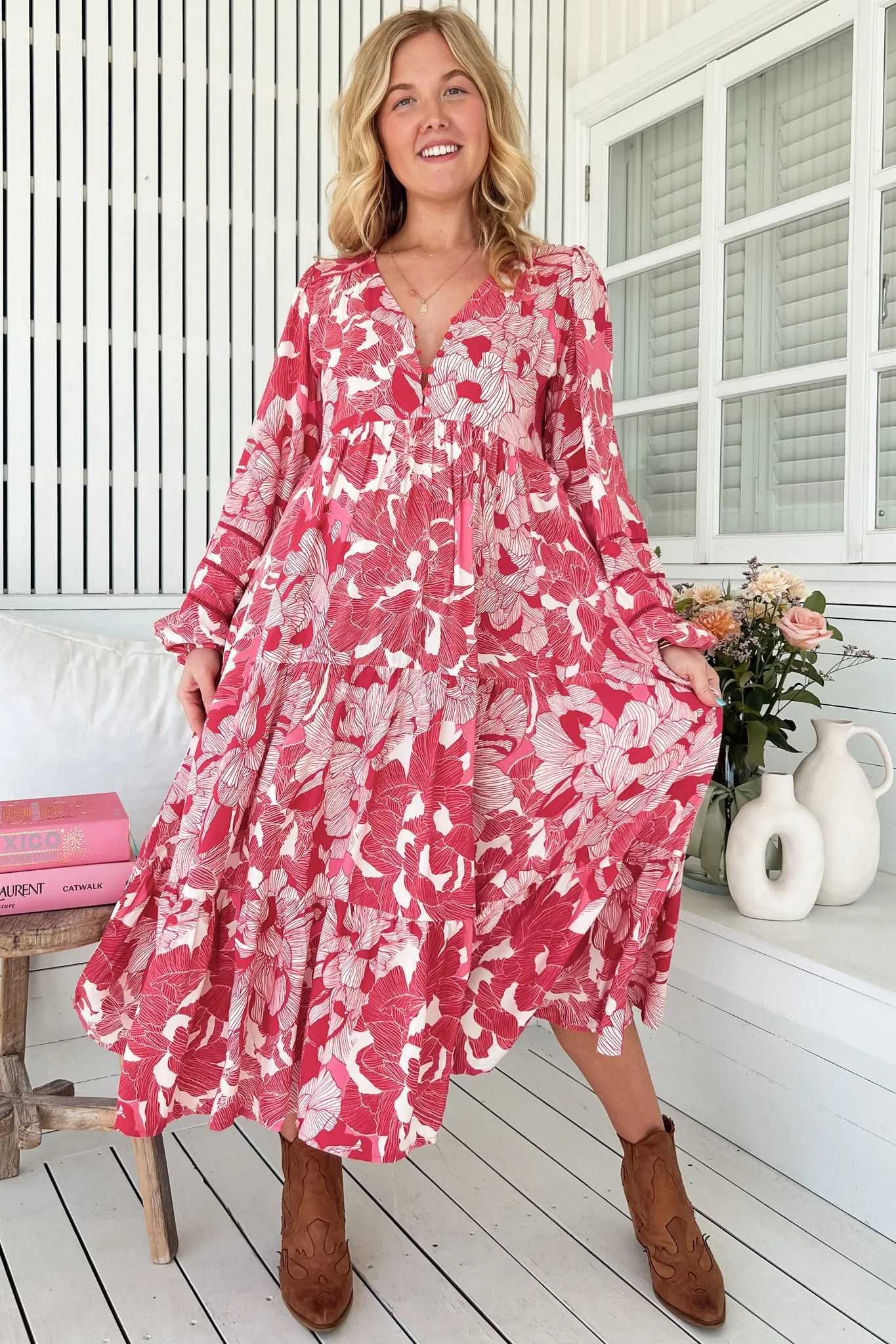 Eve Midi Dress - V Neck Long Sleeve Tiered Dress with Option Waist Tie in Soulina Print sold by Salty Crush