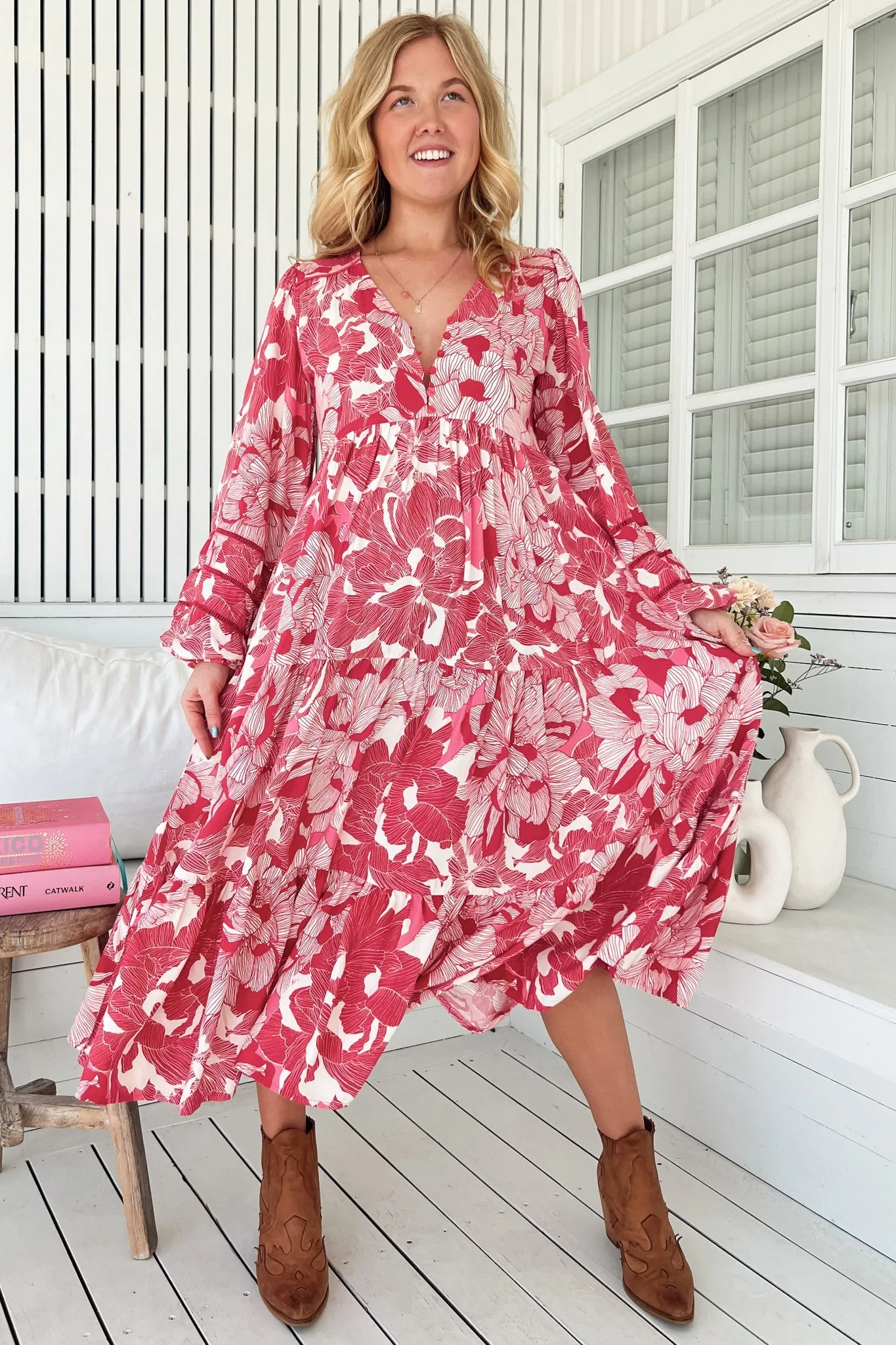 Eve Midi Dress - V Neck Long Sleeve Tiered Dress with Option Waist Tie in Soulina Print sold by Salty Crush product image thumbnail 5