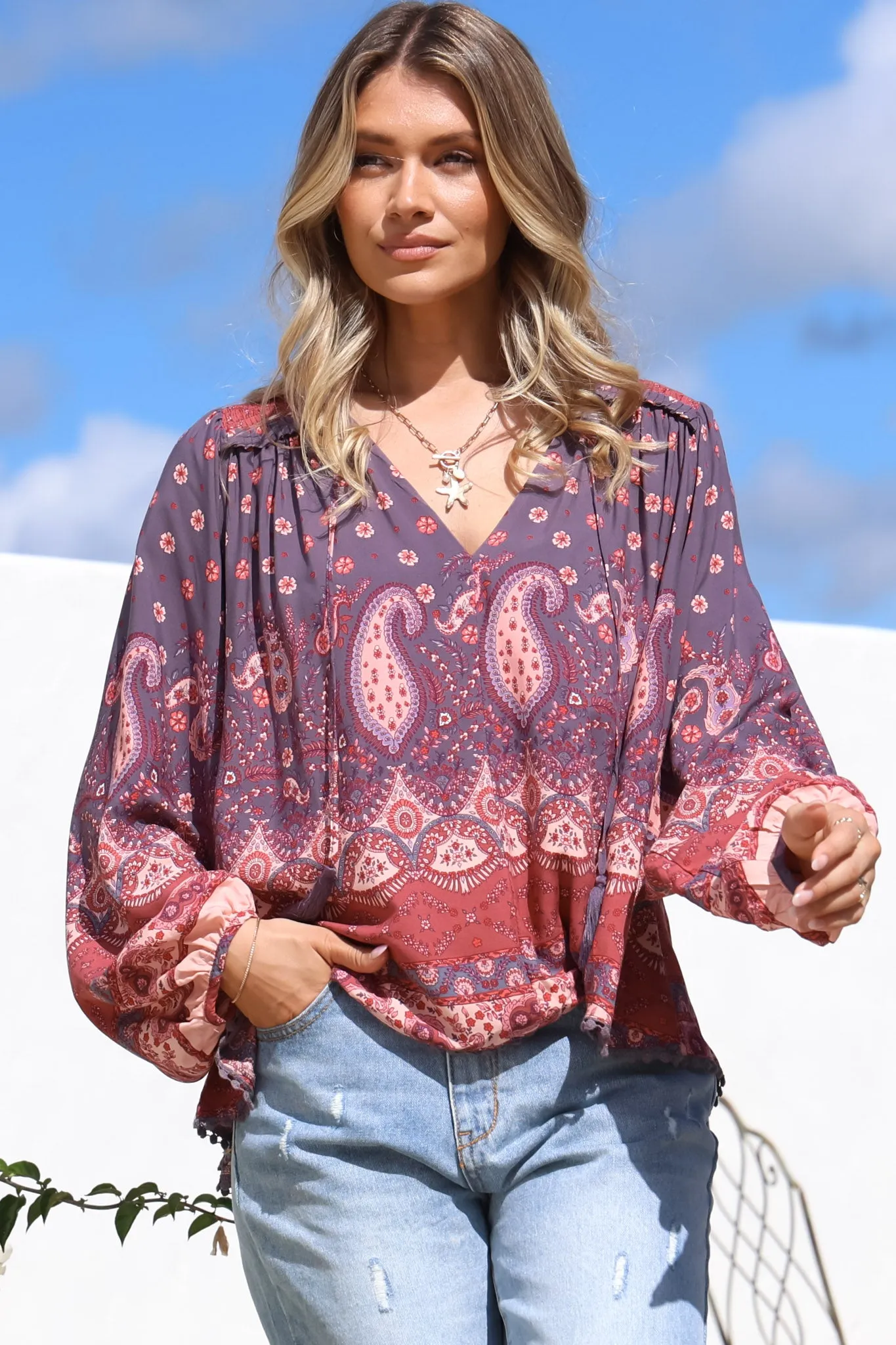 Rue Top - V Neck Smock Top with Crochet Trim in Dancing Daisy Print sold by Salty Crush product image thumbnail 5