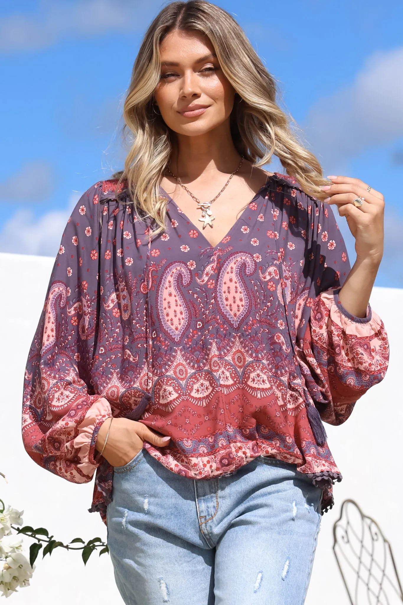 Rue Top - V Neck Smock Top with Crochet Trim in Dancing Daisy Print sold by Salty Crush product image thumbnail 3