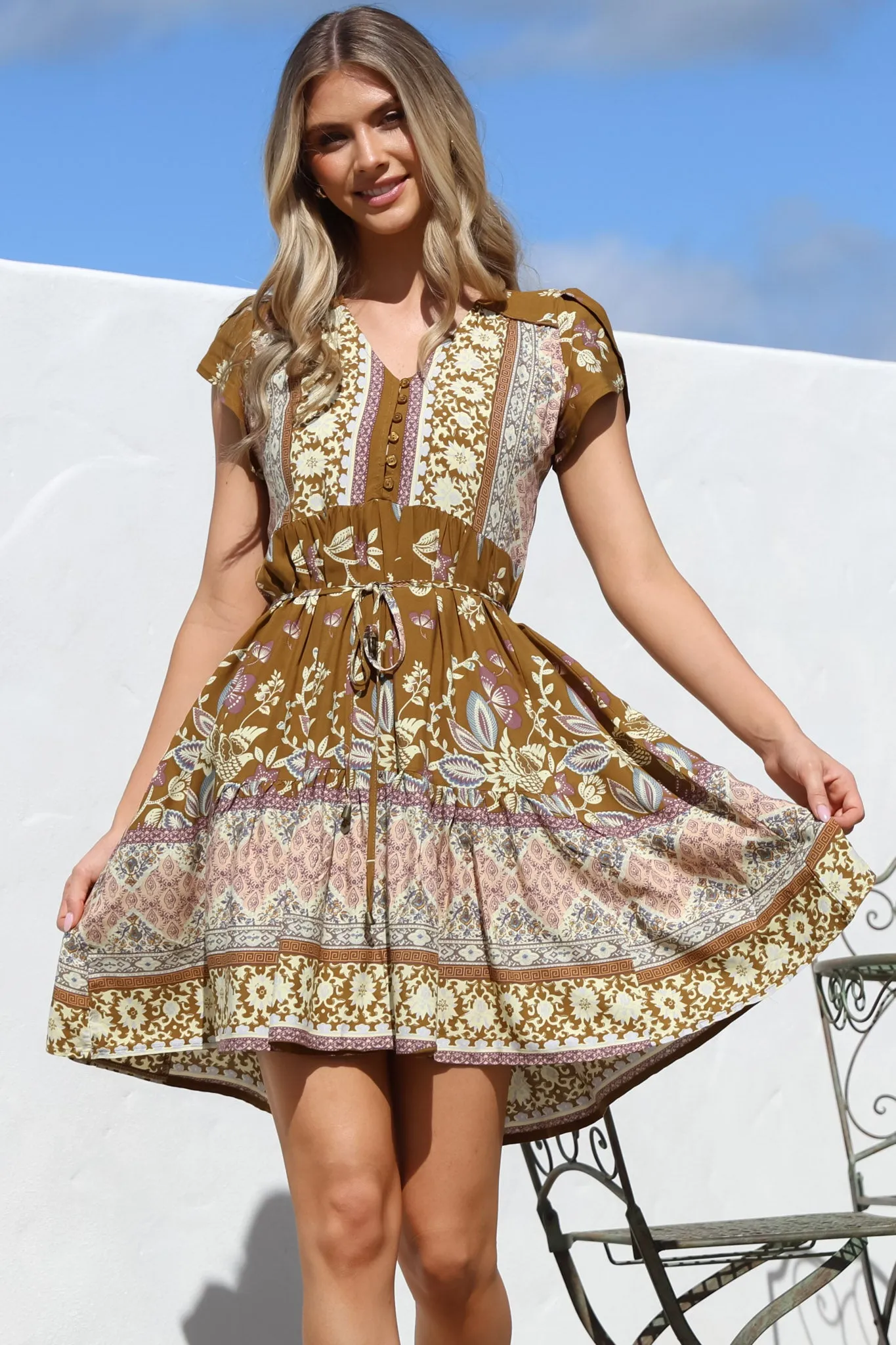 Tracey Mini Dress - Cap Sleeve Dress with Waist Tie in Emre Print sold by Salty Crush product image thumbnail 2