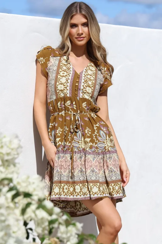 Tracey Mini Dress - Cap Sleeve Dress with Waist Tie in Emre Print sold by Salty Crush