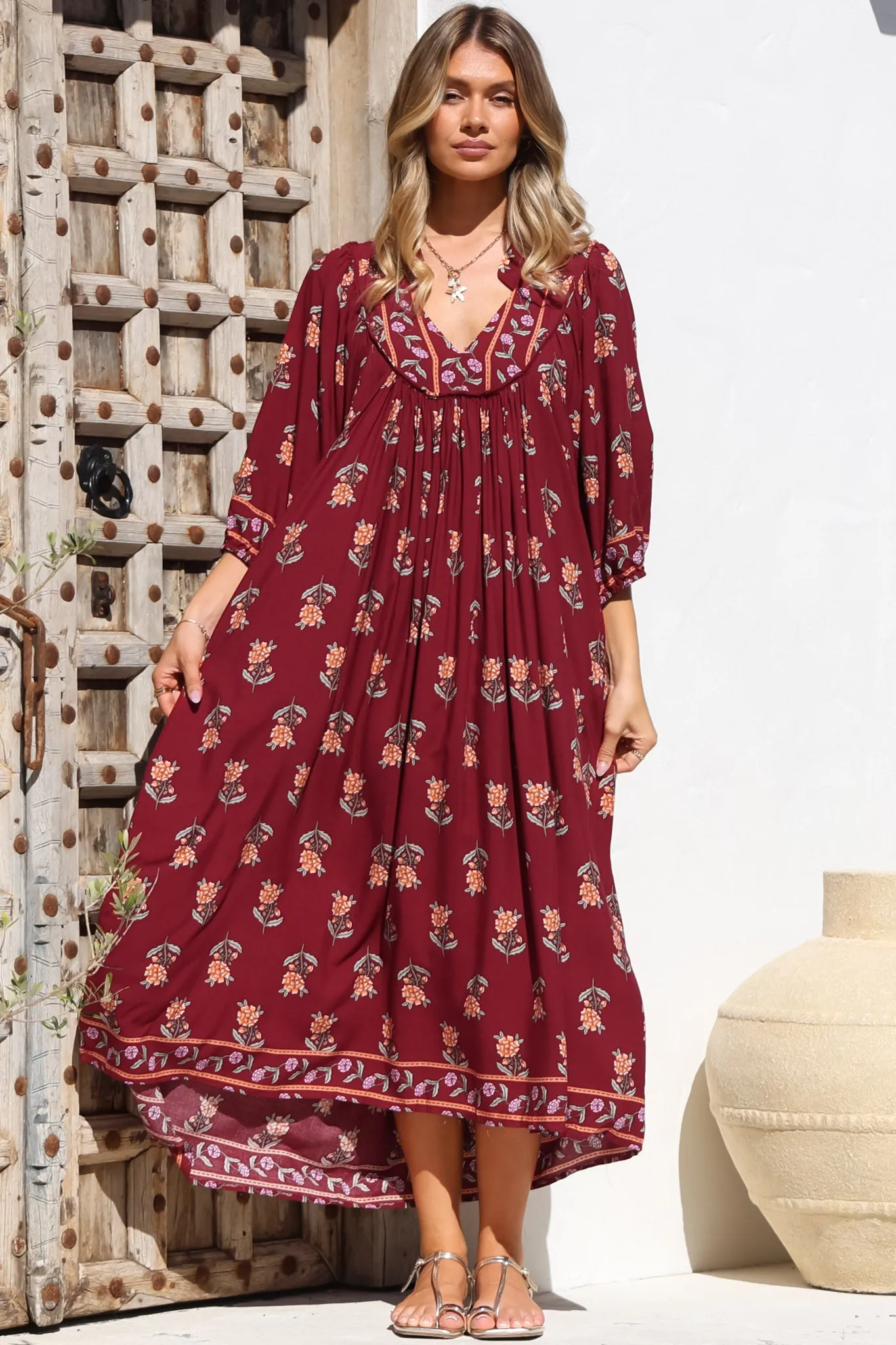 Boheme Midi Dress - Piping Defined Bust 3/4 Sleeve Smock Dress in Grenache Print sold by Salty Crush product image thumbnail 4