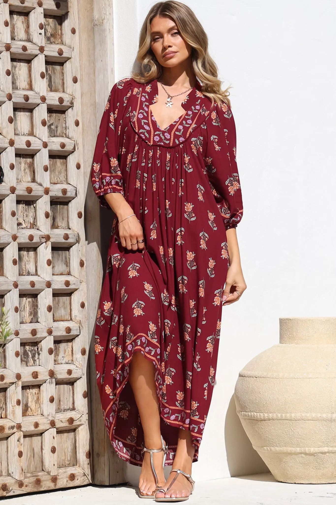 Boheme Midi Dress - Piping Defined Bust 3/4 Sleeve Smock Dress in Grenache Print sold by Salty Crush product image thumbnail 5
