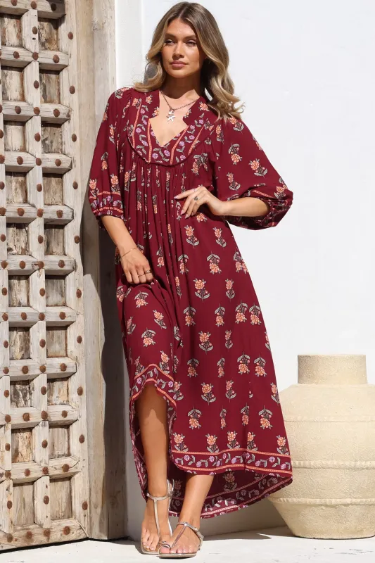 Boheme Midi Dress - Piping Defined Bust 3/4 Sleeve Smock Dress in Grenache Print sold by Salty Crush