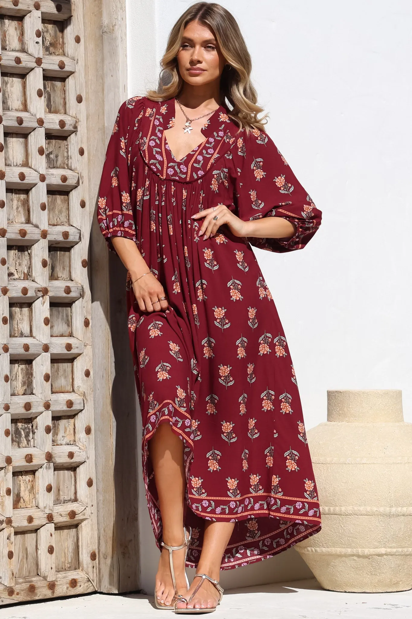 Boheme Midi Dress - Piping Defined Bust 3/4 Sleeve Smock Dress in Grenache Print sold by Salty Crush