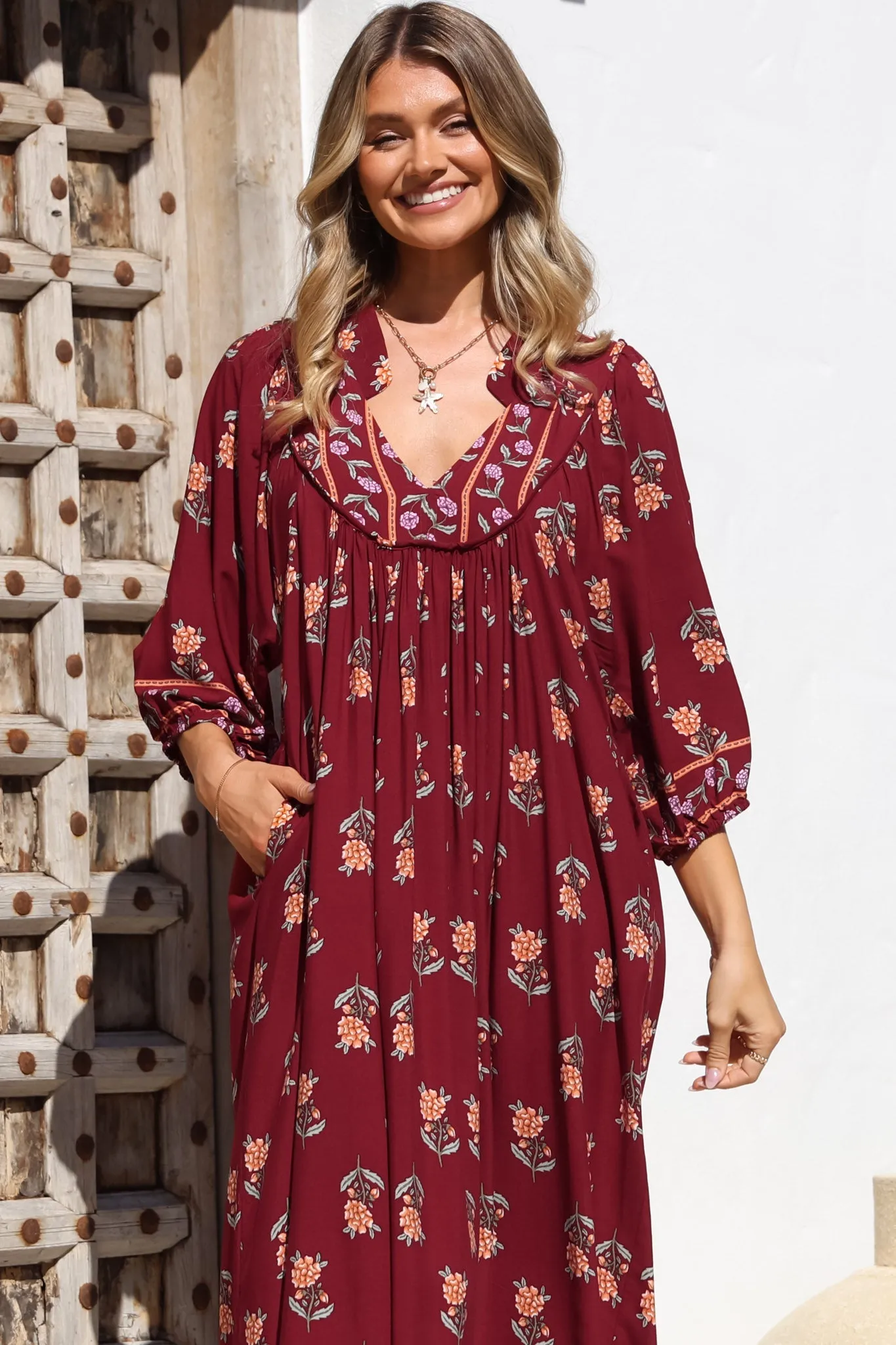 Boheme Midi Dress - Piping Defined Bust 3/4 Sleeve Smock Dress in Grenache Print sold by Salty Crush product image thumbnail 2