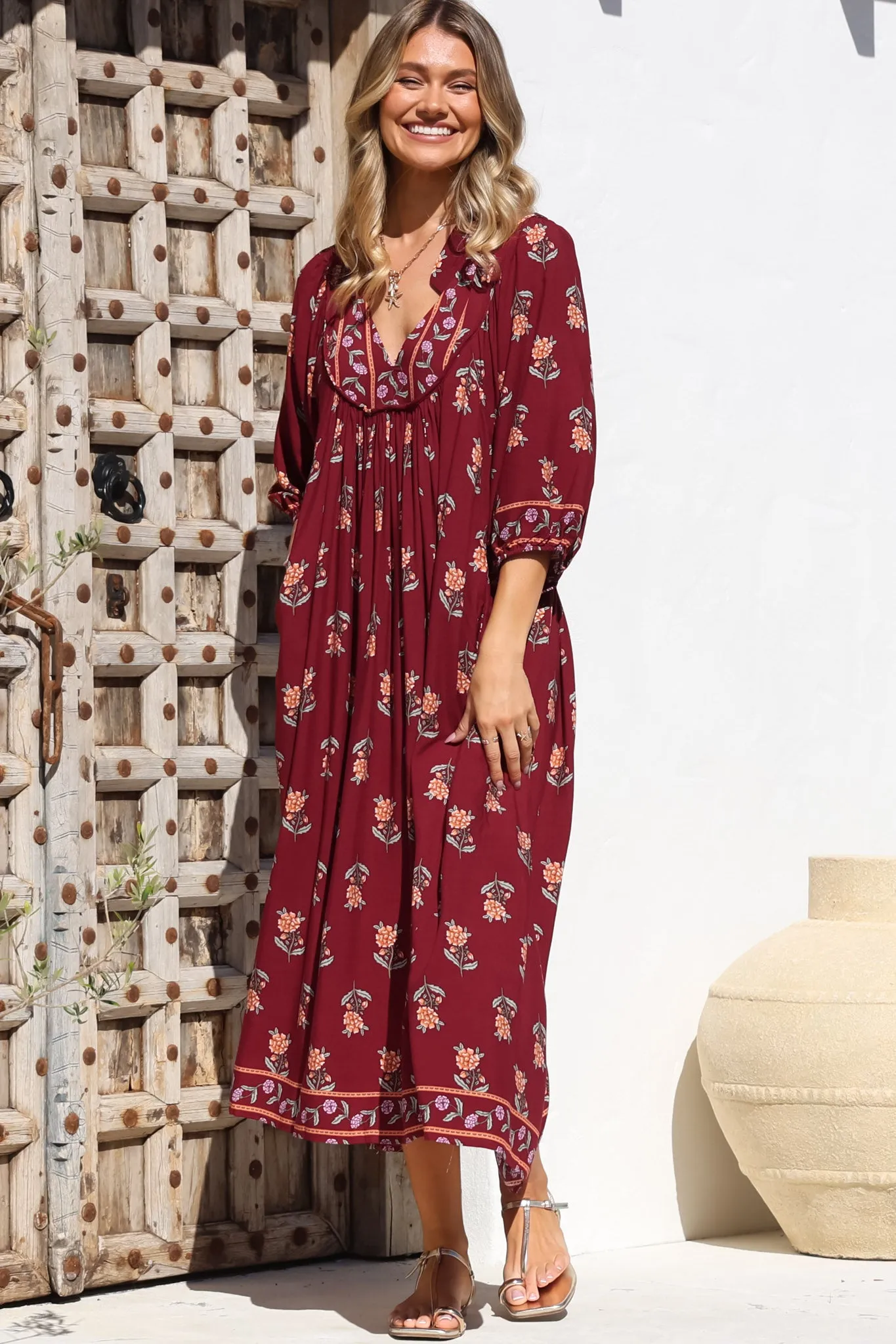 Boheme Midi Dress - Piping Defined Bust 3/4 Sleeve Smock Dress in Grenache Print sold by Salty Crush product image thumbnail 3