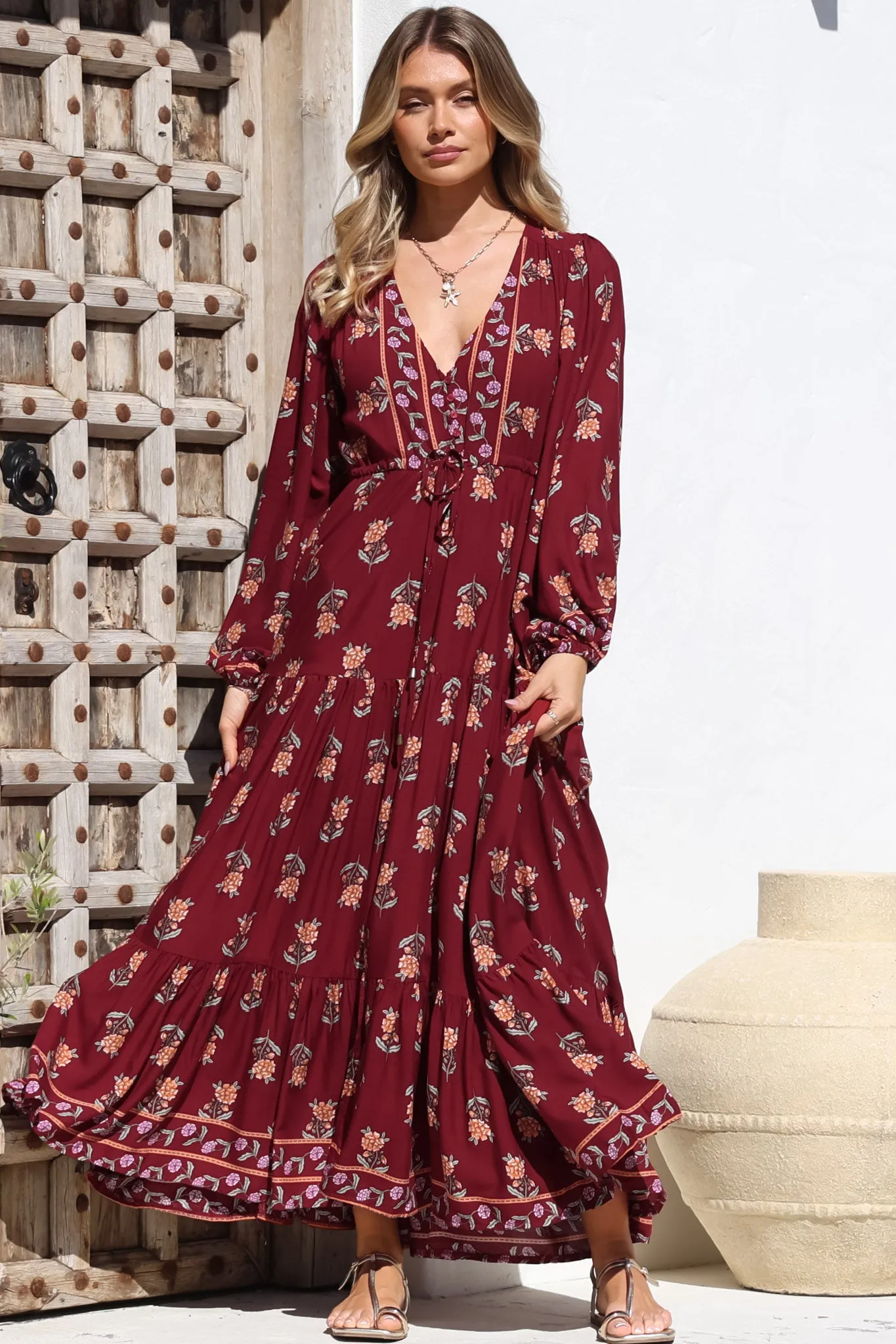 Teresa Maxi Dress - A Line Dress with Long Balloon Sleeves in Grenache Print sold by Salty Crush product image thumbnail 3