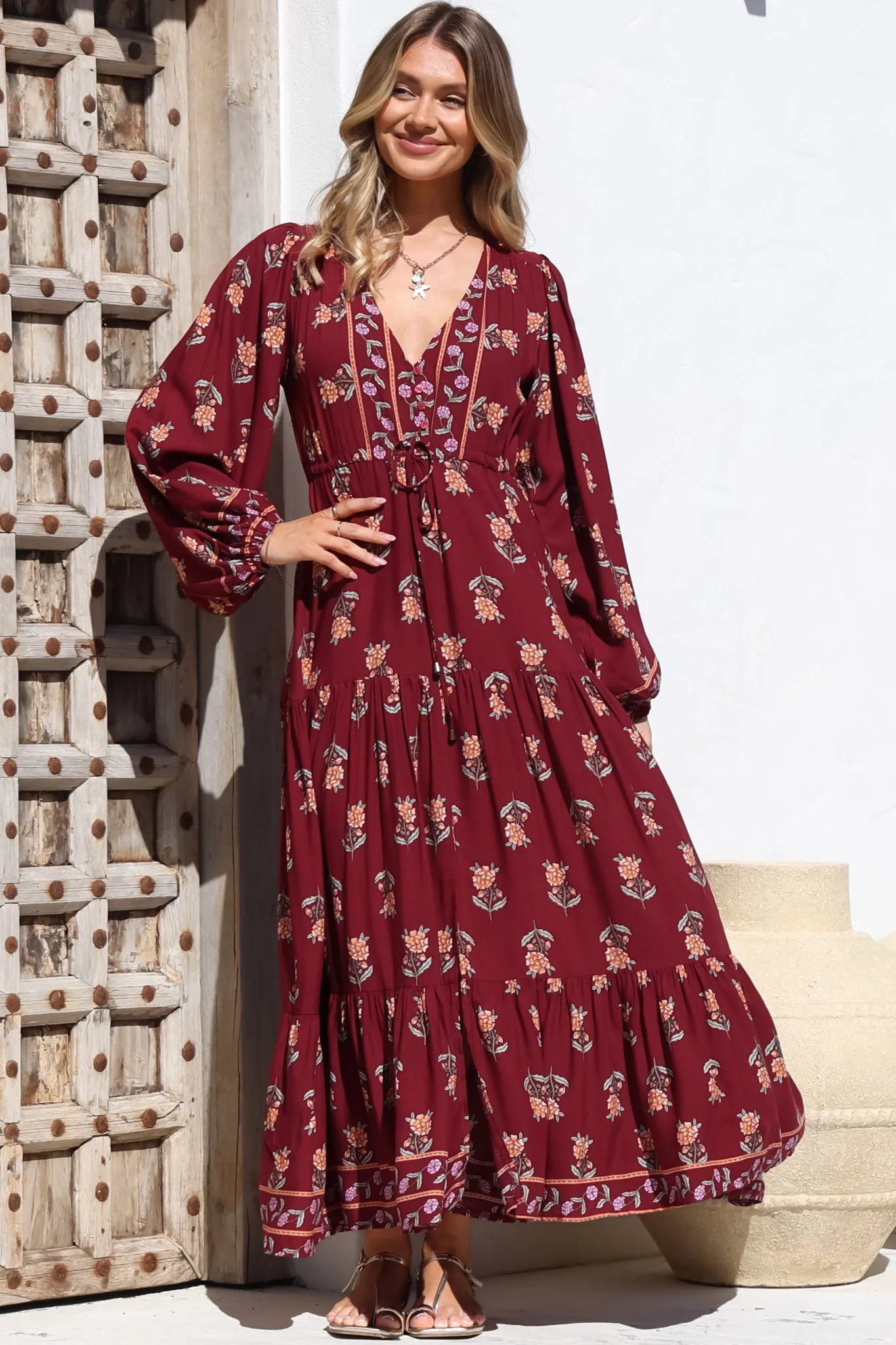 Teresa Maxi Dress - A Line Dress with Long Balloon Sleeves in Grenache Print sold by Salty Crush product image thumbnail 5