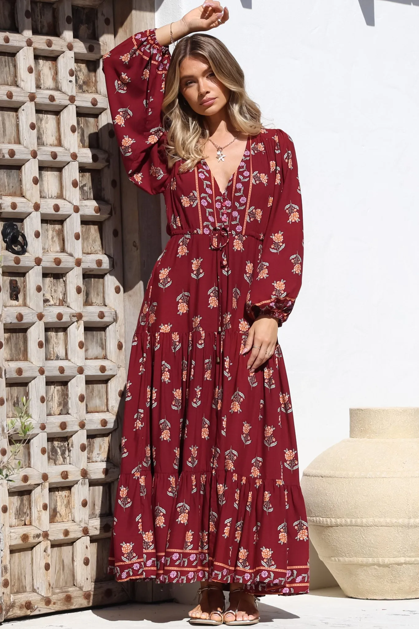 Teresa Maxi Dress - A Line Dress with Long Balloon Sleeves in Grenache Print sold by Salty Crush product image thumbnail 4