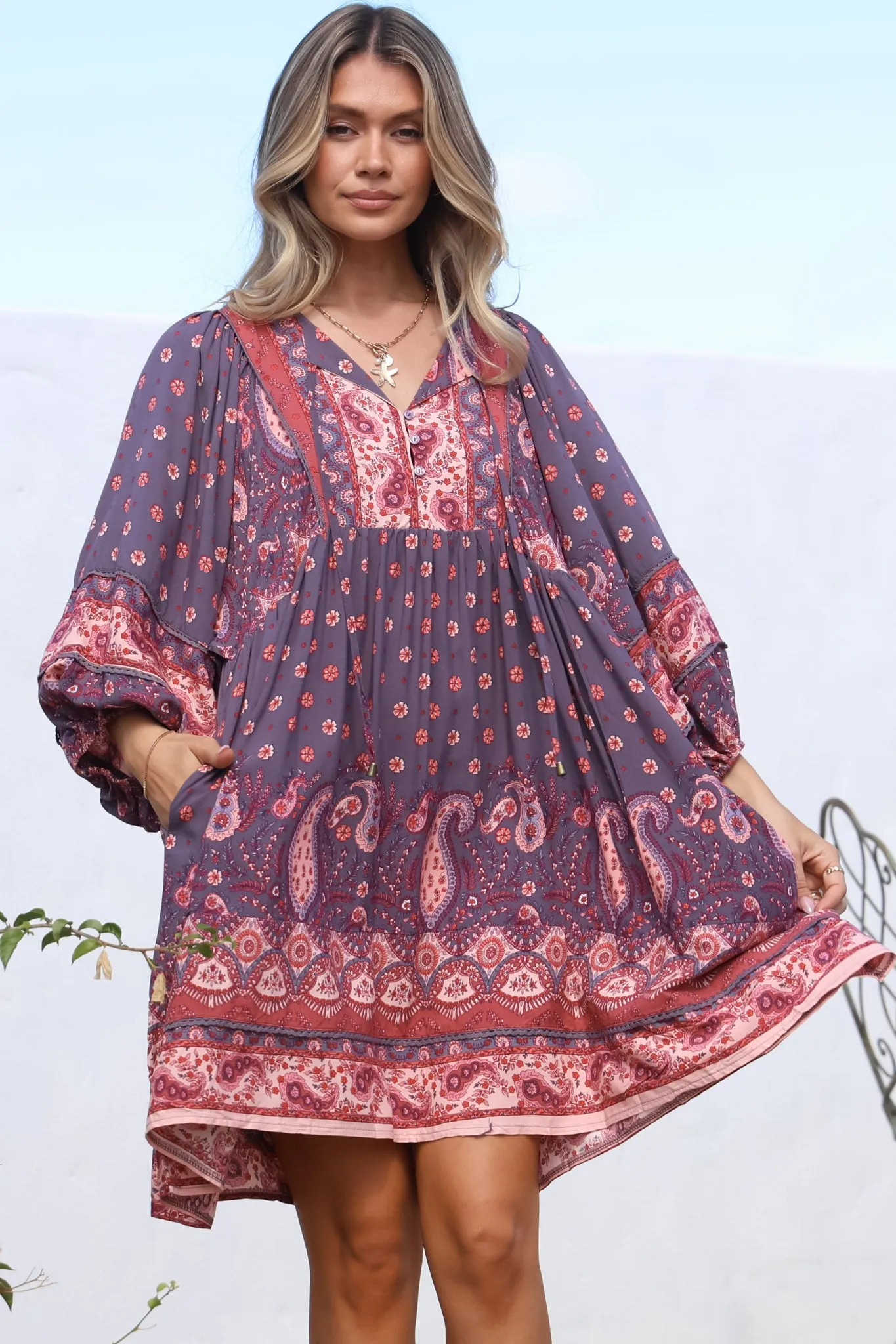 Adela Mini Dress - Oversized Smock Dress with Batwing Sleeves in Dancing Daisy Print sold by Salty Crush product image thumbnail 4