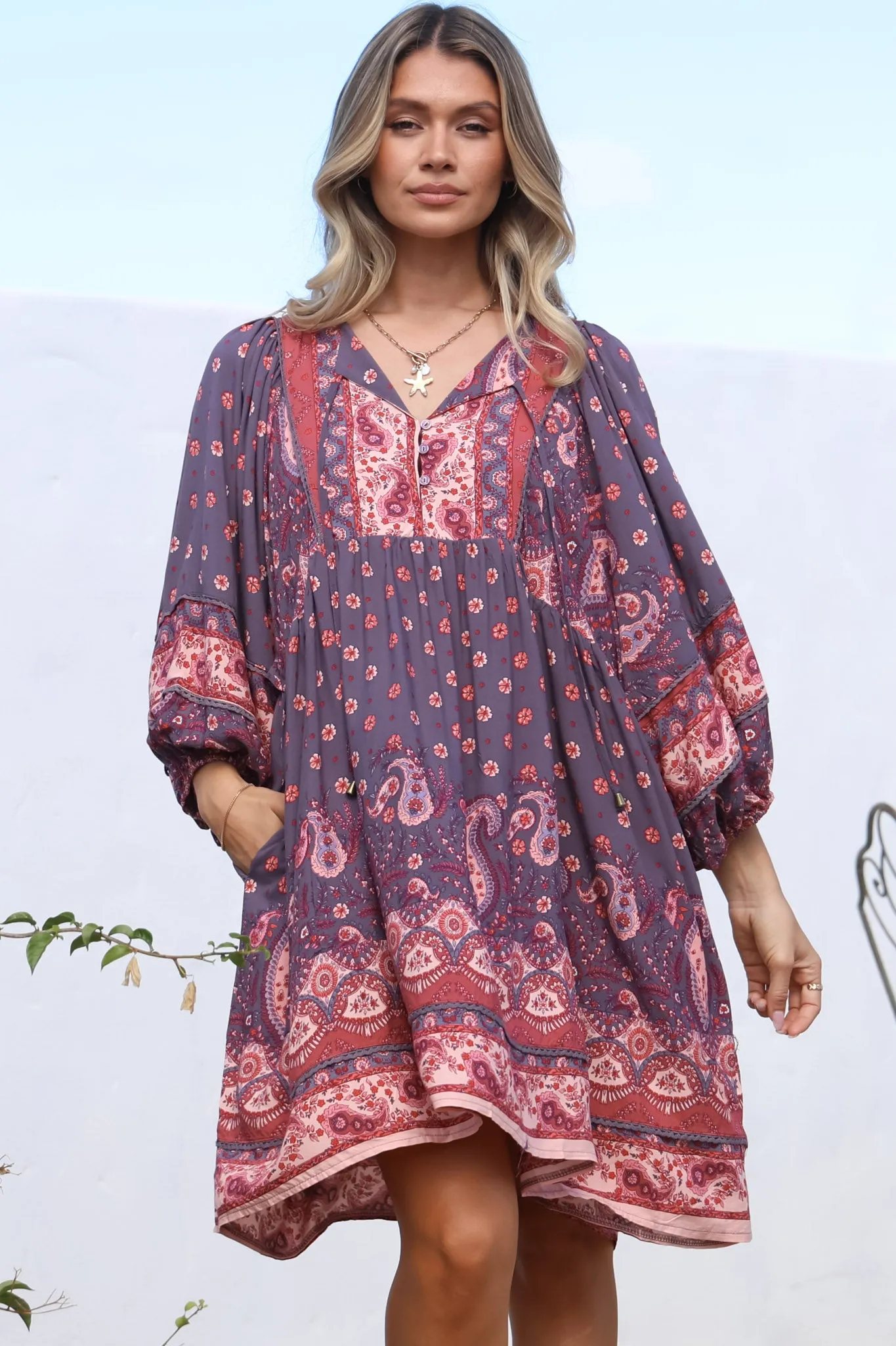 Adela Mini Dress - Oversized Smock Dress with Batwing Sleeves in Dancing Daisy Print sold by Salty Crush