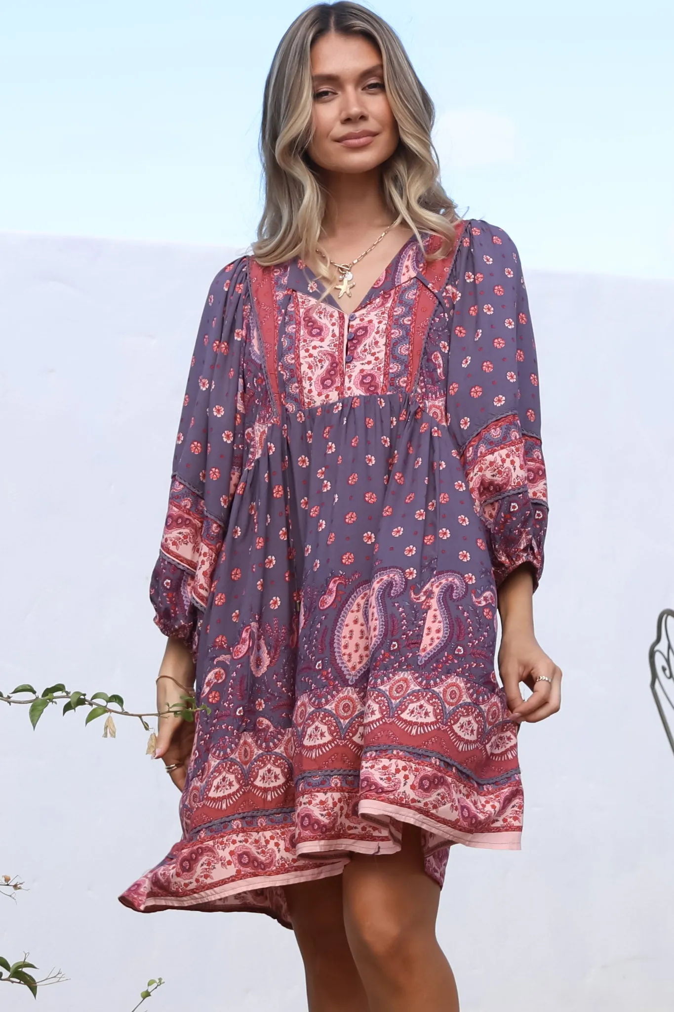 Adela Mini Dress - Oversized Smock Dress with Batwing Sleeves in Dancing Daisy Print sold by Salty Crush product image thumbnail 3