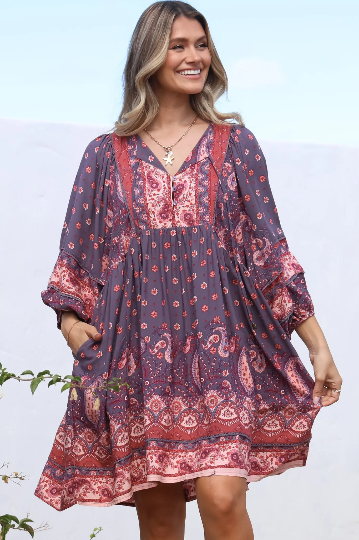 Adela Mini Dress - Oversized Smock Dress with Batwing Sleeves in Dancing Daisy Print sold by Salty Crush product image thumbnail 2