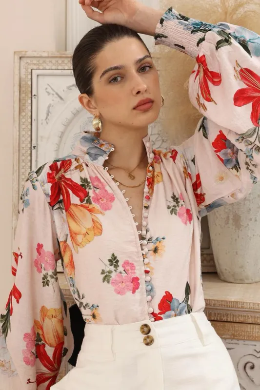 Faye Blouse - Mandarin Collar Balloon Sleeve Button Down Shirt in Amie Print sold by Salty Crush