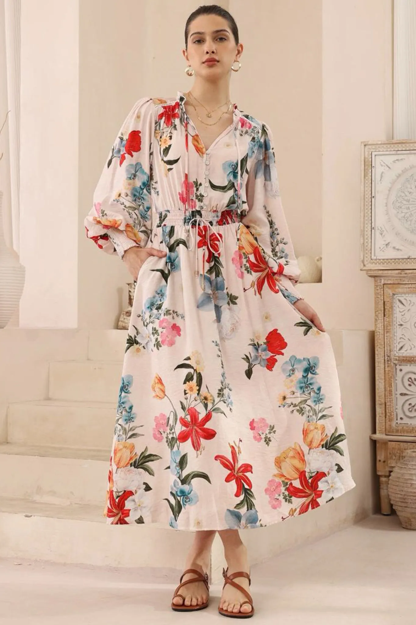 Kira Maxi Dress - Frill Collar Elasticated Waist A Line Dress in Amie Print sold by Salty Crush product image thumbnail 2