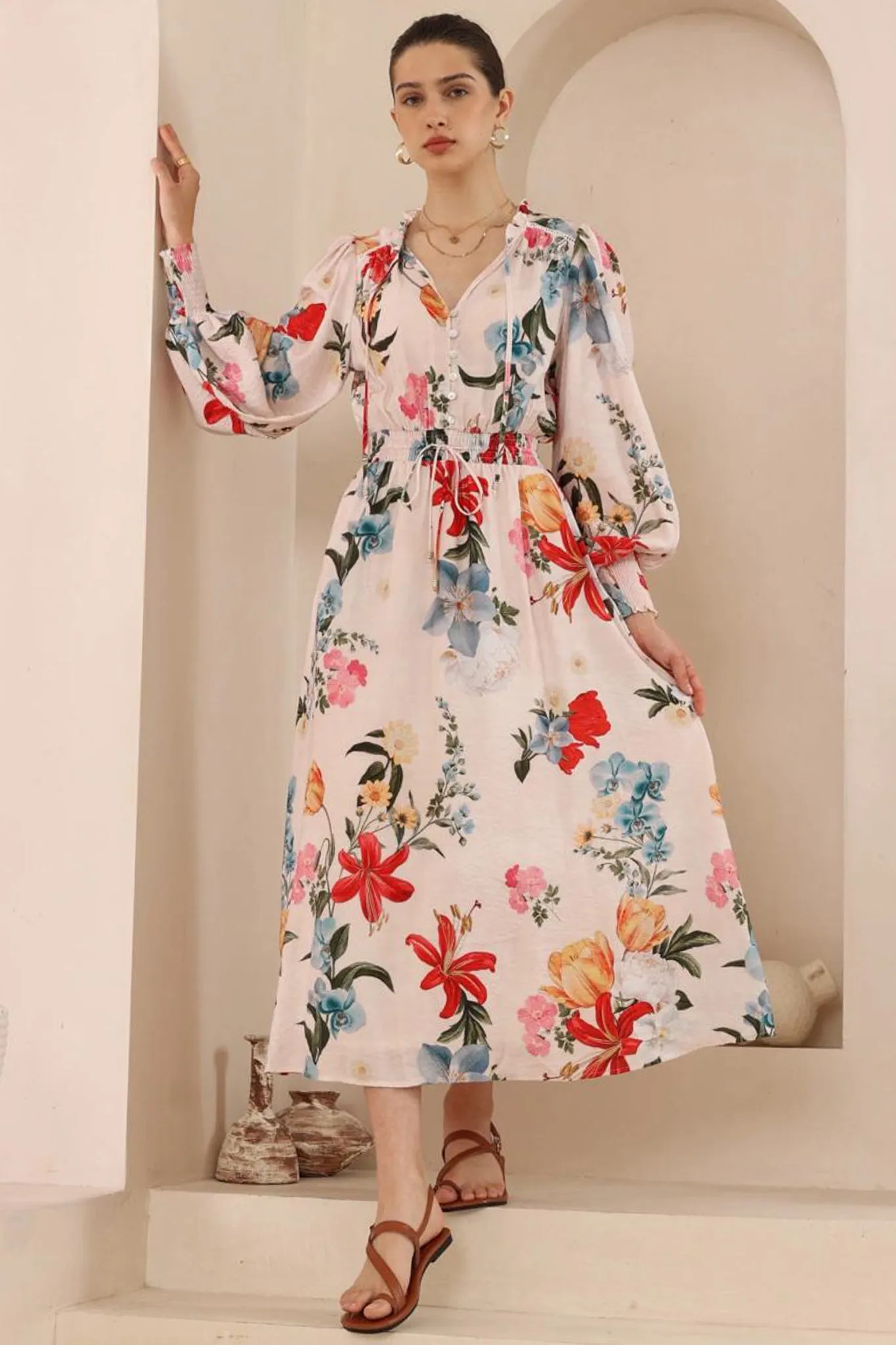 Kira Maxi Dress - Frill Collar Elasticated Waist A Line Dress in Amie Print sold by Salty Crush product image thumbnail 3