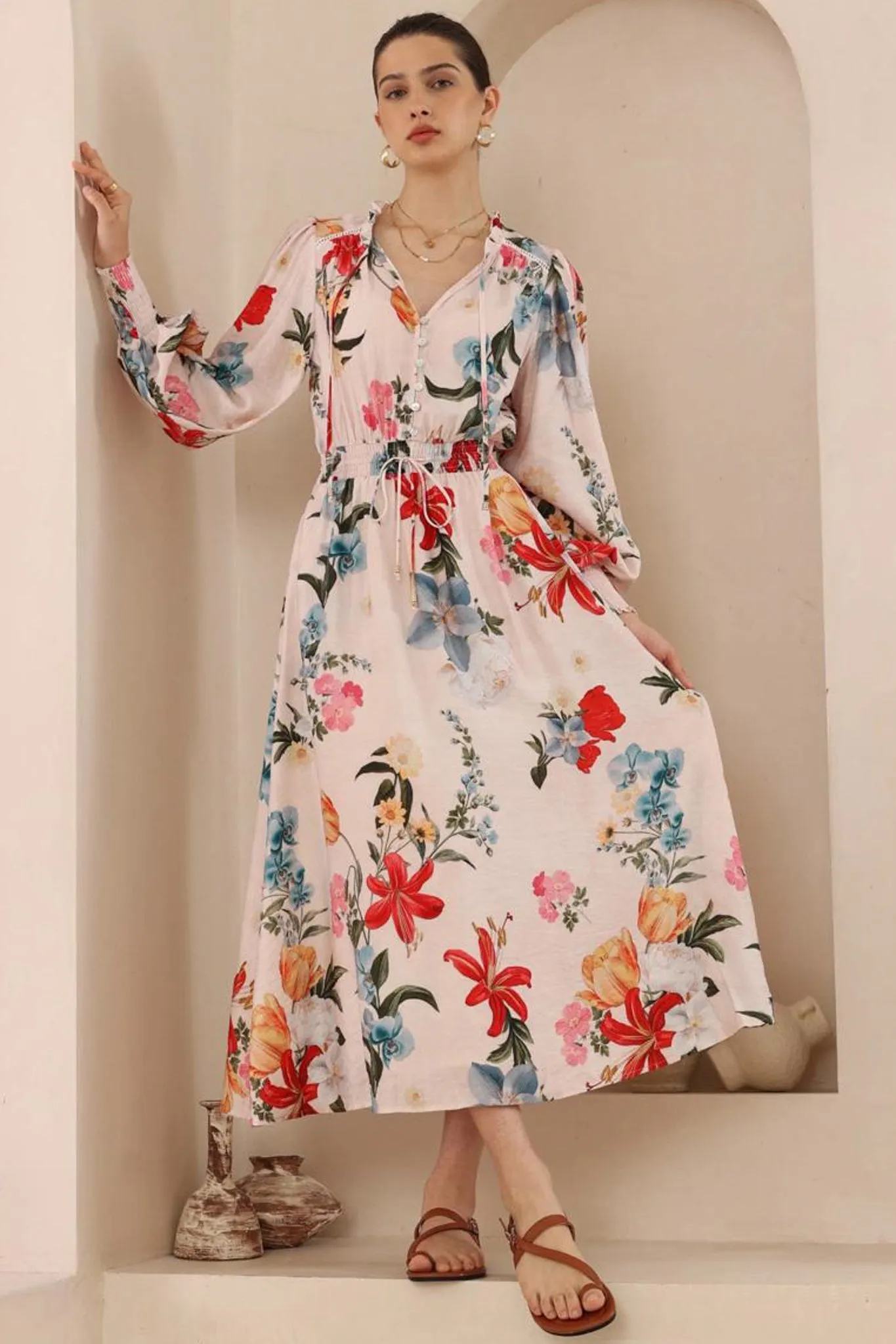 Kira Maxi Dress - Frill Collar Elasticated Waist A Line Dress in Amie Print sold by Salty Crush