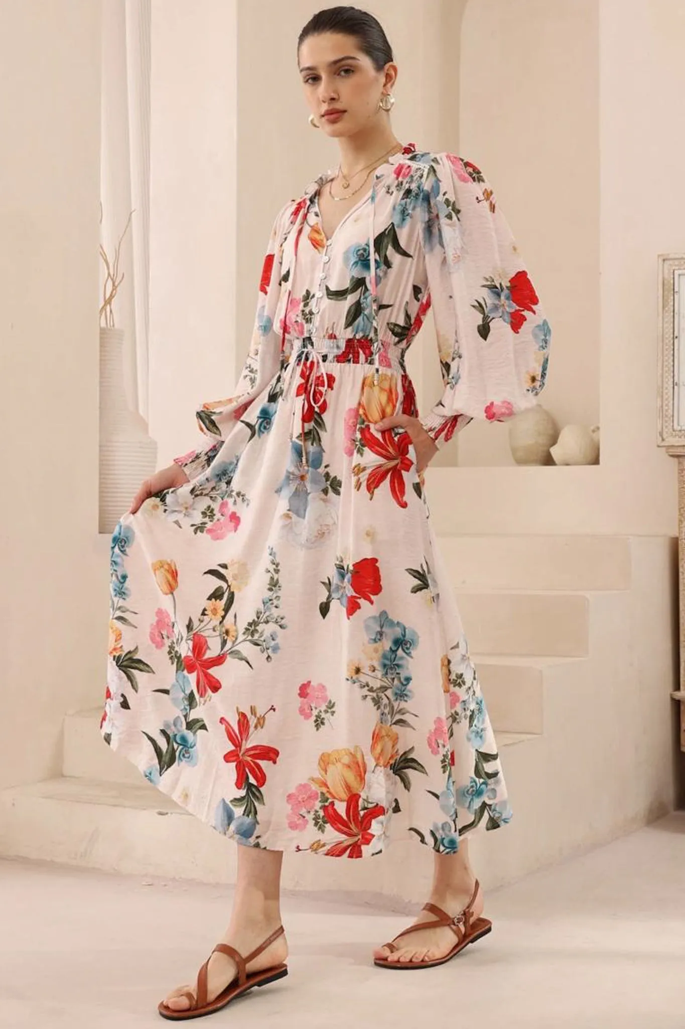 Kira Maxi Dress - Frill Collar Elasticated Waist A Line Dress in Amie Print sold by Salty Crush product image thumbnail 4