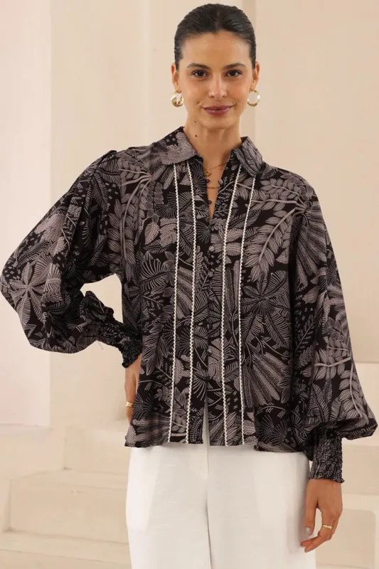 Aralyn Blouse - Balloon Sleeve Button Down Shirt in Midnight Flora Print sold by Salty Crush