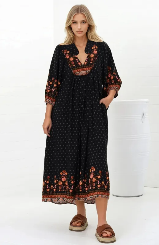 Boheme Midi Dress - Slimline Smock Dress in Emmery Print sold by Salty Crush