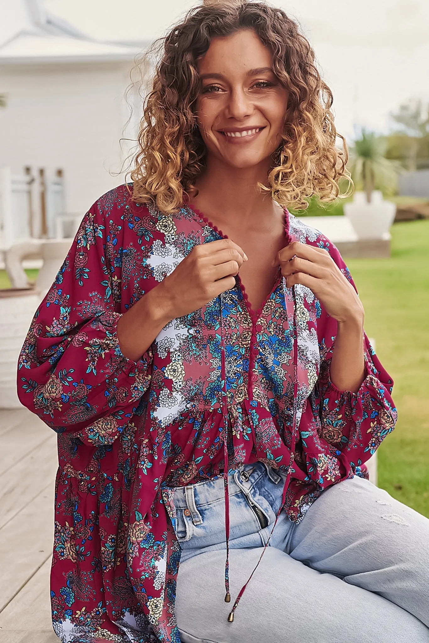 Chloe Top - Very Oversized Crochet Trim Neckline Smock Top in Strawberry Kiss Print sold by Salty Crush