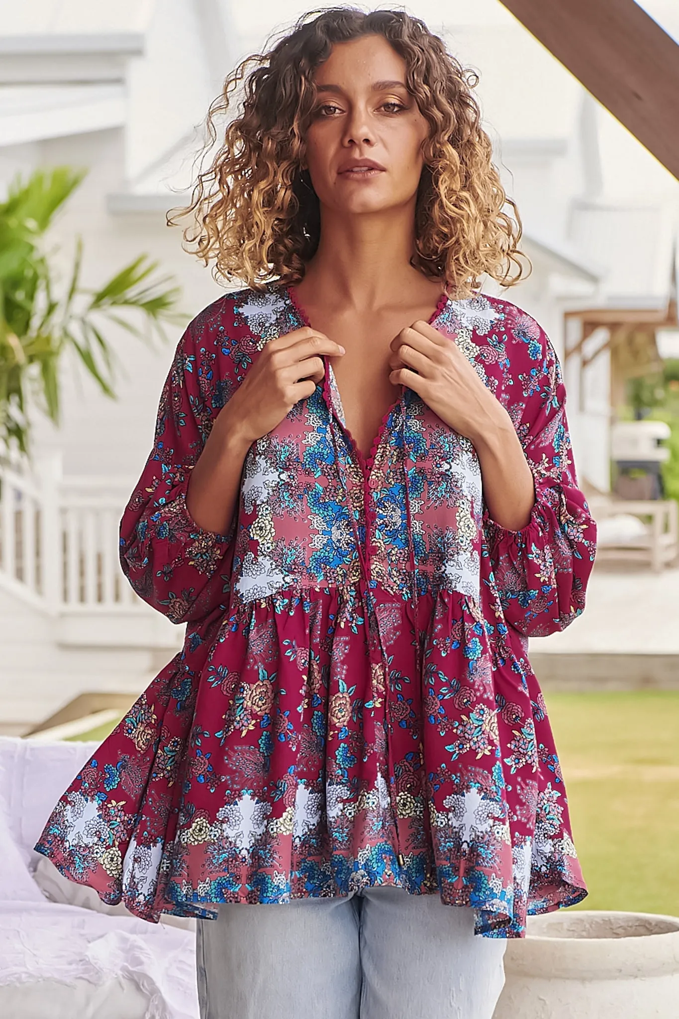 Chloe Top - Very Oversized Crochet Trim Neckline Smock Top in Strawberry Kiss Print sold by Salty Crush product image thumbnail 4