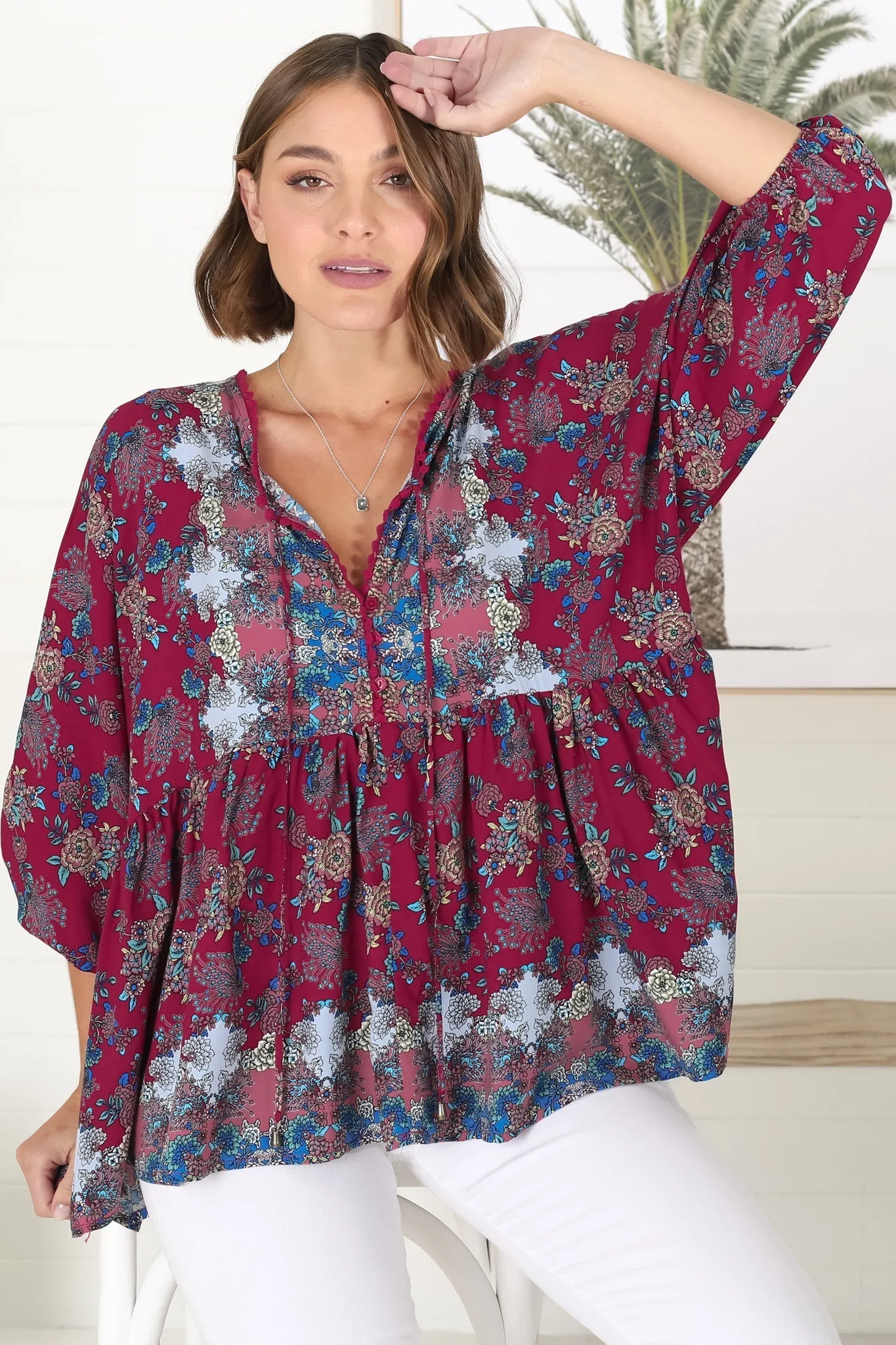 Chloe Top - Very Oversized Crochet Trim Neckline Smock Top in Strawberry Kiss Print sold by Salty Crush product image thumbnail 3