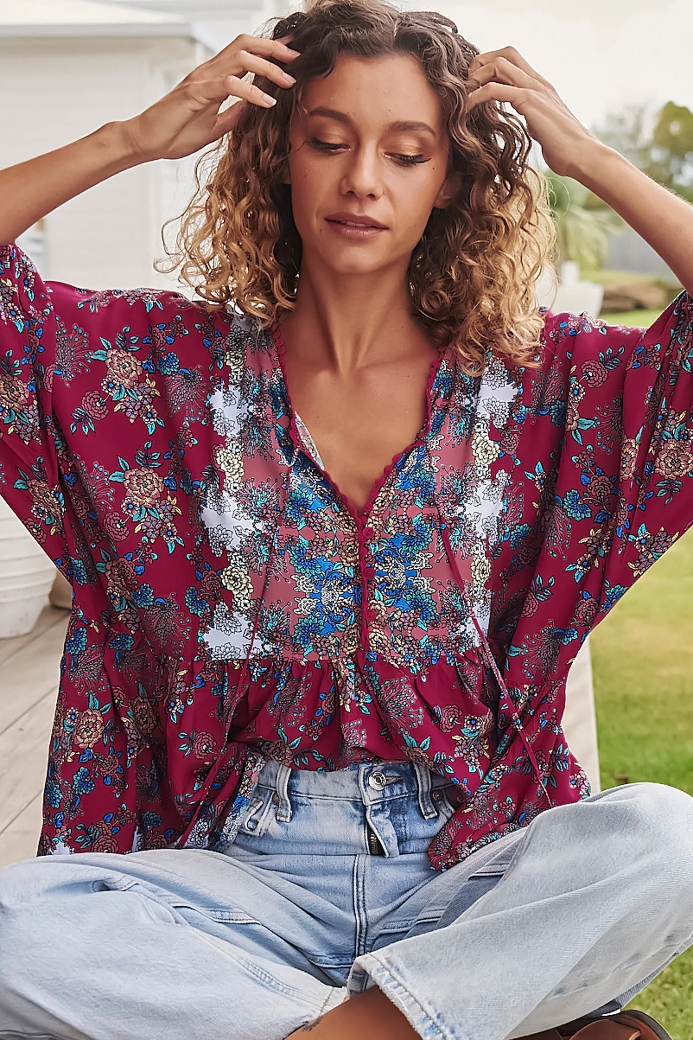 Chloe Top - Very Oversized Crochet Trim Neckline Smock Top in Strawberry Kiss Print sold by Salty Crush product image thumbnail 5