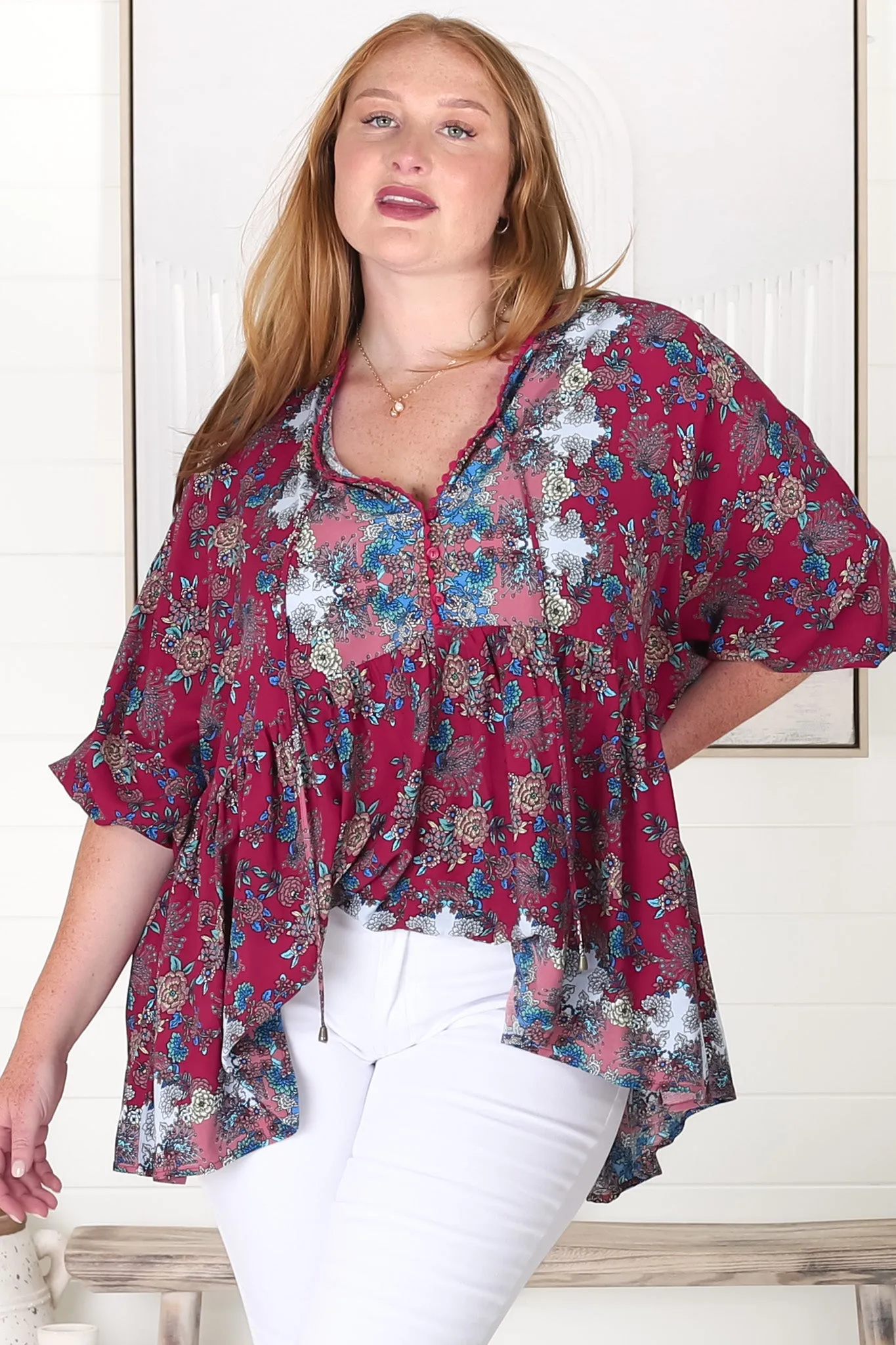 Chloe Top - Very Oversized Crochet Trim Neckline Smock Top in Strawberry Kiss Print sold by Salty Crush product image thumbnail 2